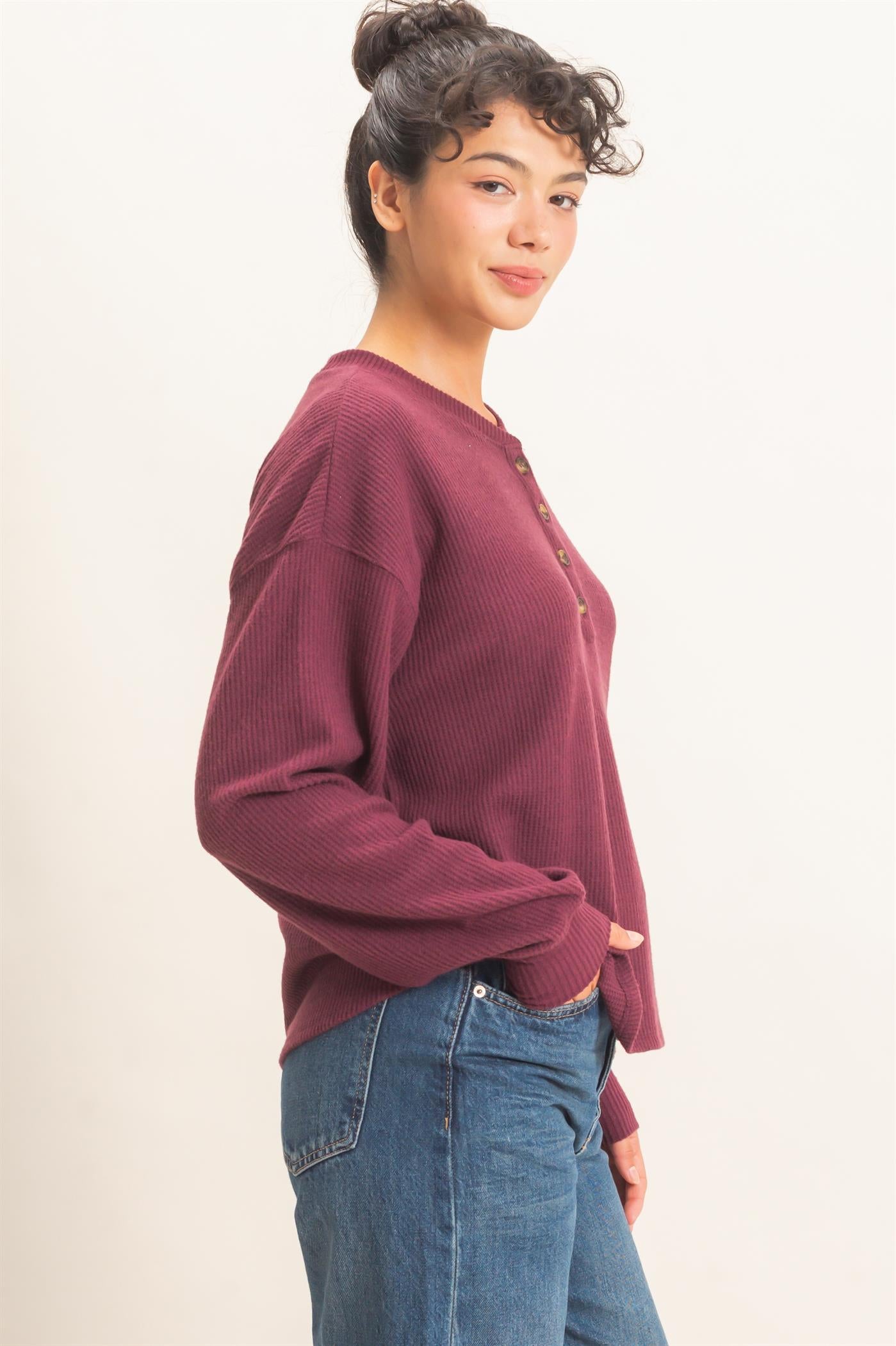 Wholesale Brushed Waffle Henley Top Clothing Tops DZ26F314 DARK CHERRY DOUBLE ZERO