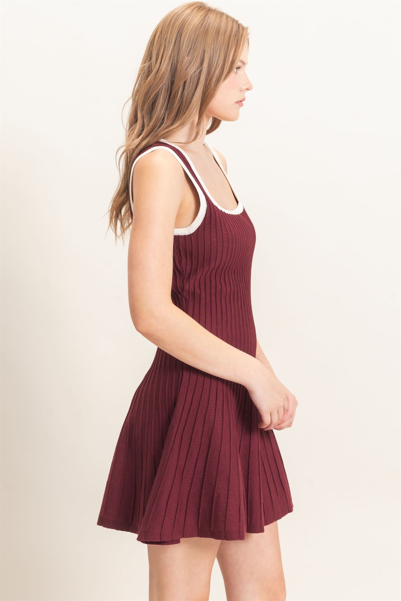 Wholesale Ribbed Square Neck Mini Dress Dresses HF26F213 WINE HYFVE