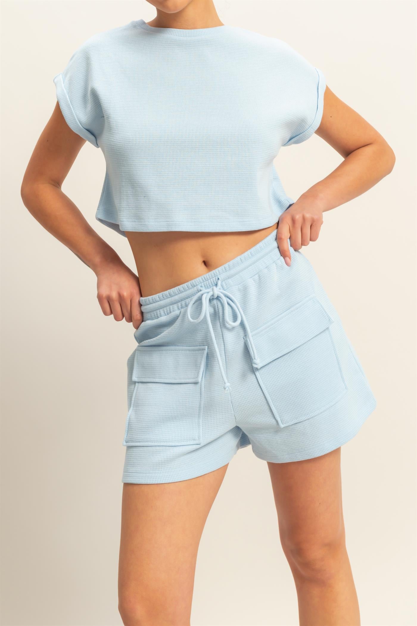 Wholesale Waffle Knit Front Pocket Shorts Shorts DZ25A793 ICE BLUE DOUBLE ZERO