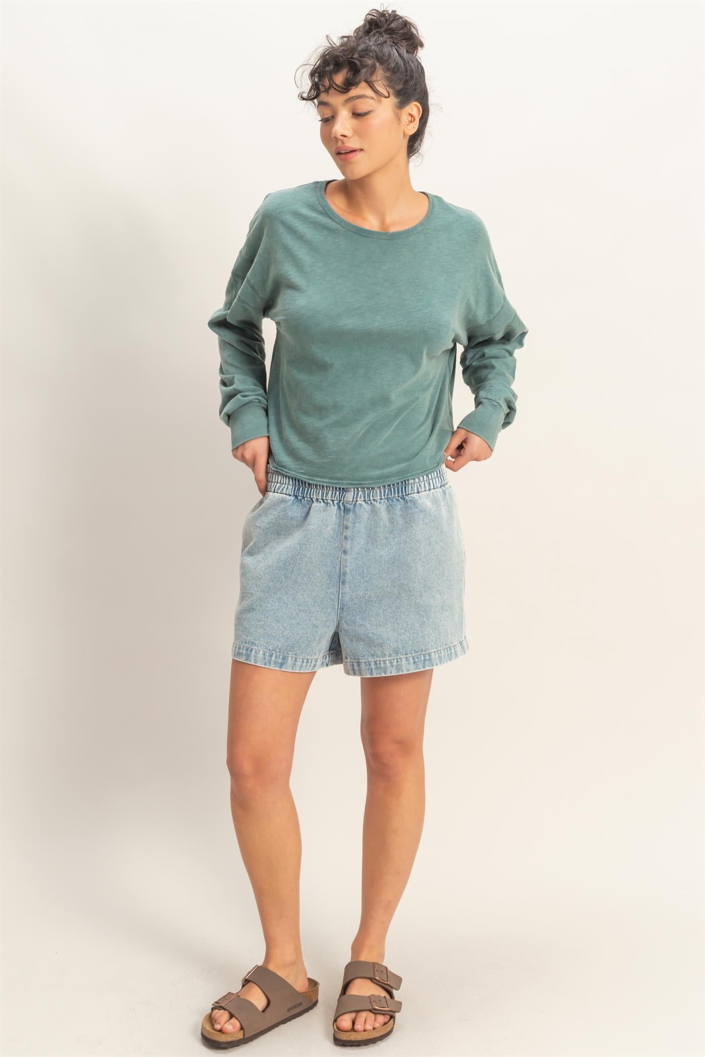 Wholesale Cross Detail Open Back Long-Sleeve Top Clothing Tops DZ26C731 DARK TEAL DOUBLE ZERO