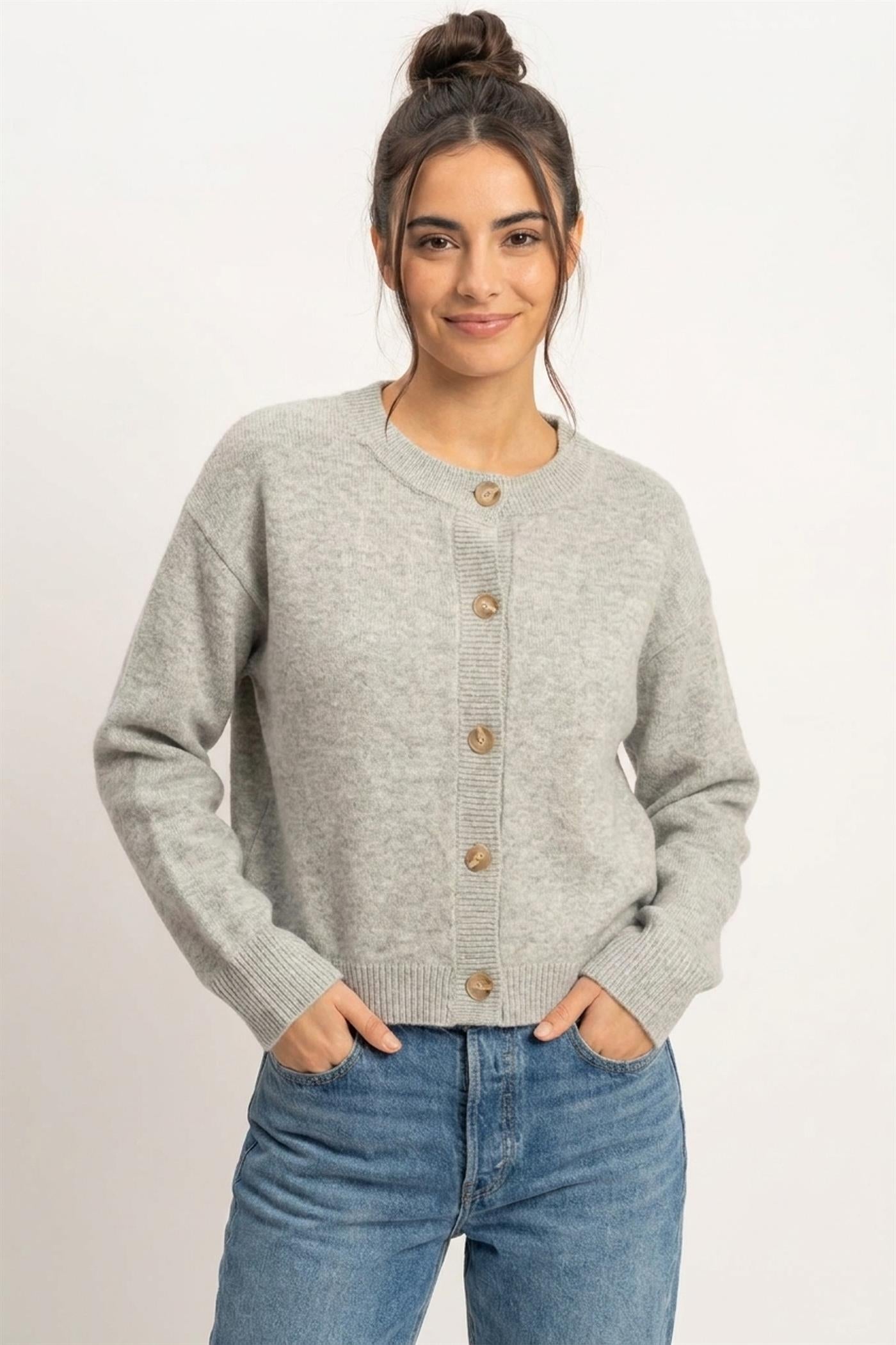 Wholesale Crew Neck Button Front Cardigan Cardigans DZ26E639 HEATHER GRAY DOUBLE ZERO