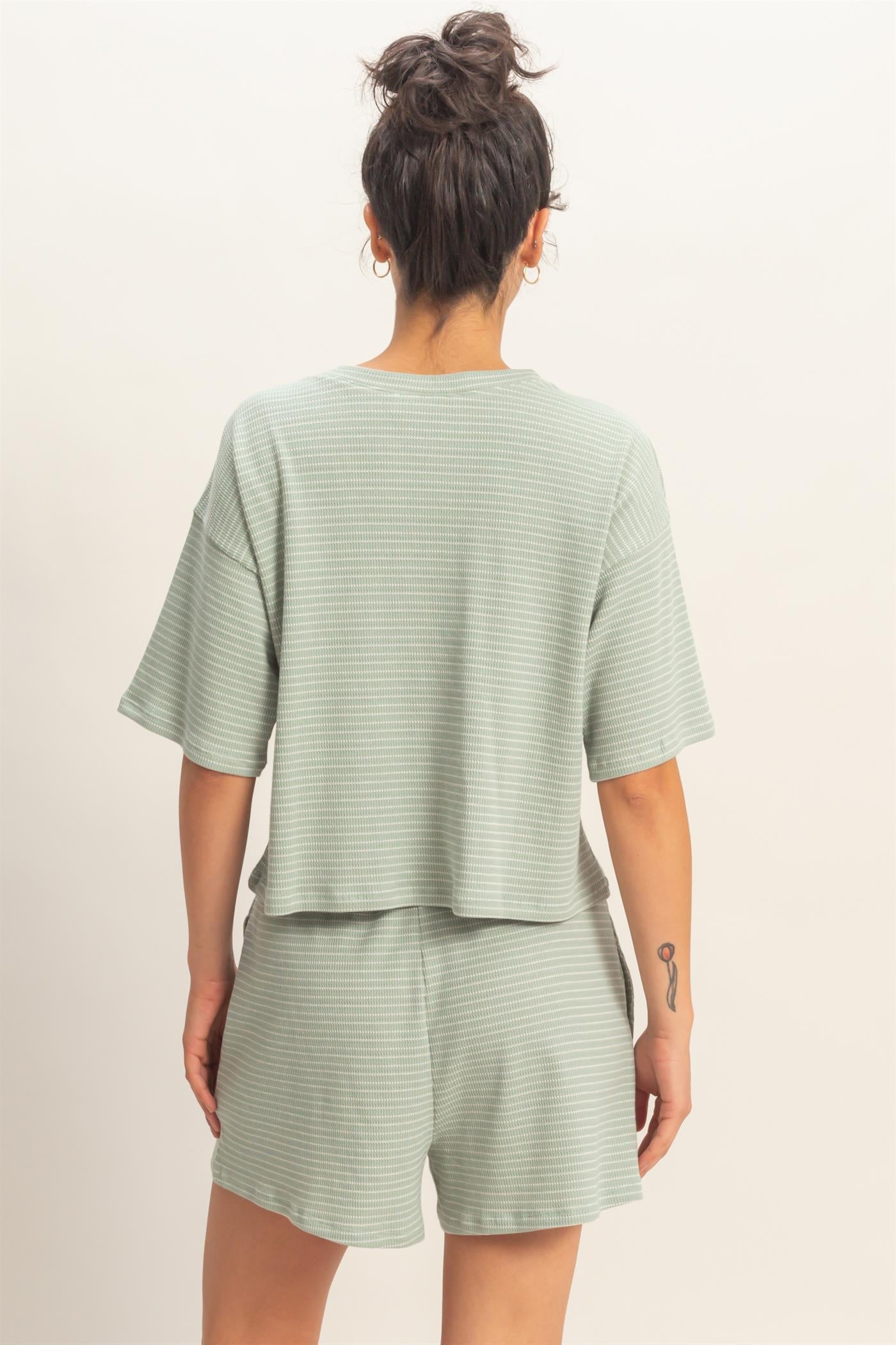 Wholesale Striped Round Neck Top & Shorts Set Clothing DZ26A045-SET SAGE GREEN DOUBLE ZERO