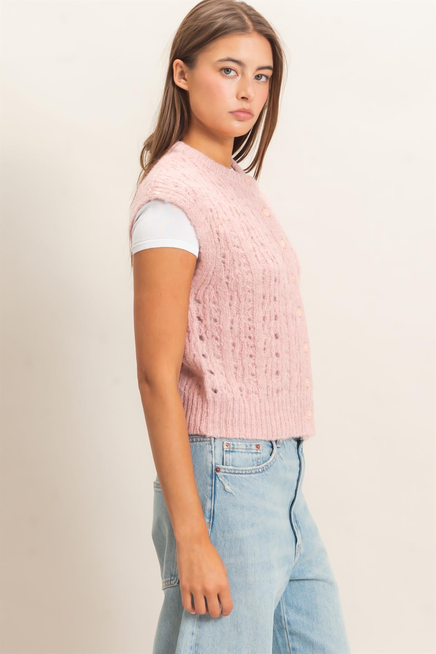 Wholesale Open Knit Sleeveless Button Front Sweater Vest Sweaters DZ26A829 PINK DOUBLE ZERO