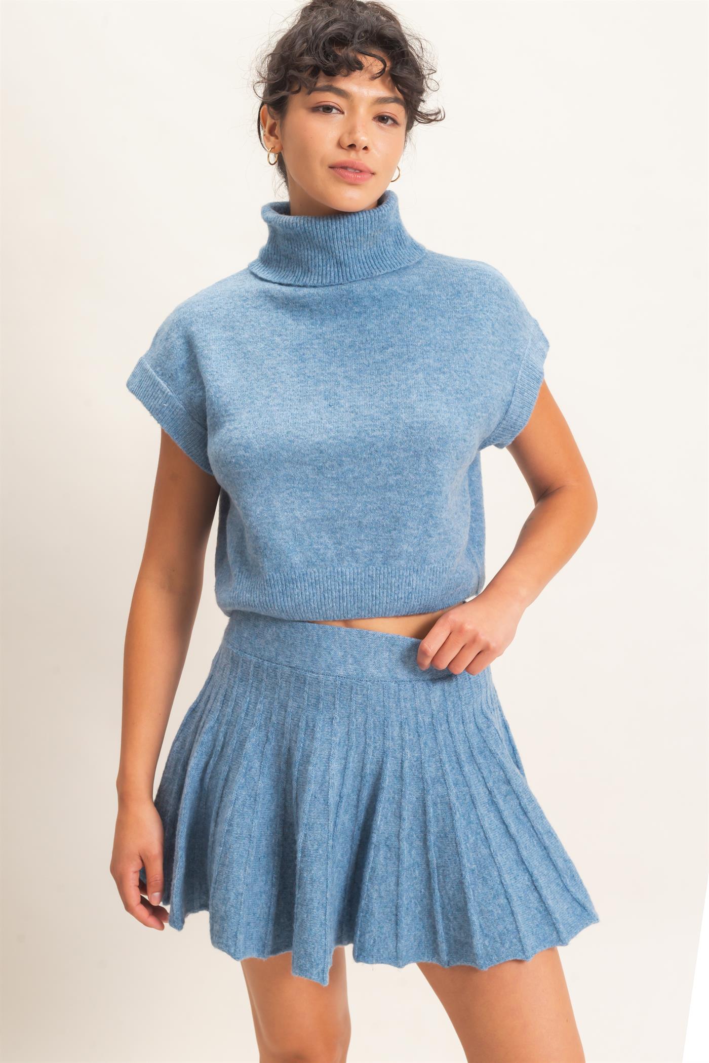 Wholesale Turtleneck Crop Top And Pleated Skirt Set Clothing DZ26C981-SET DUSTY BLUE DOUBLE ZERO