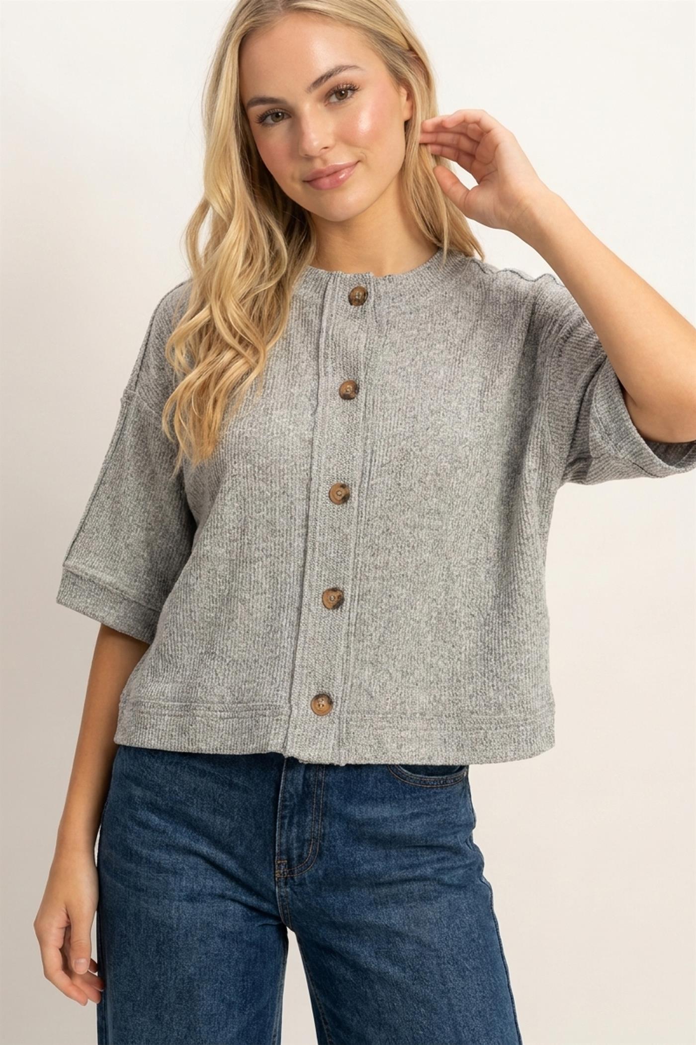 Wholesale Button-Down Short Sleeve Waffle Top Clothing Tops DZ26F244 HEATHER GRAY DOUBLE ZERO