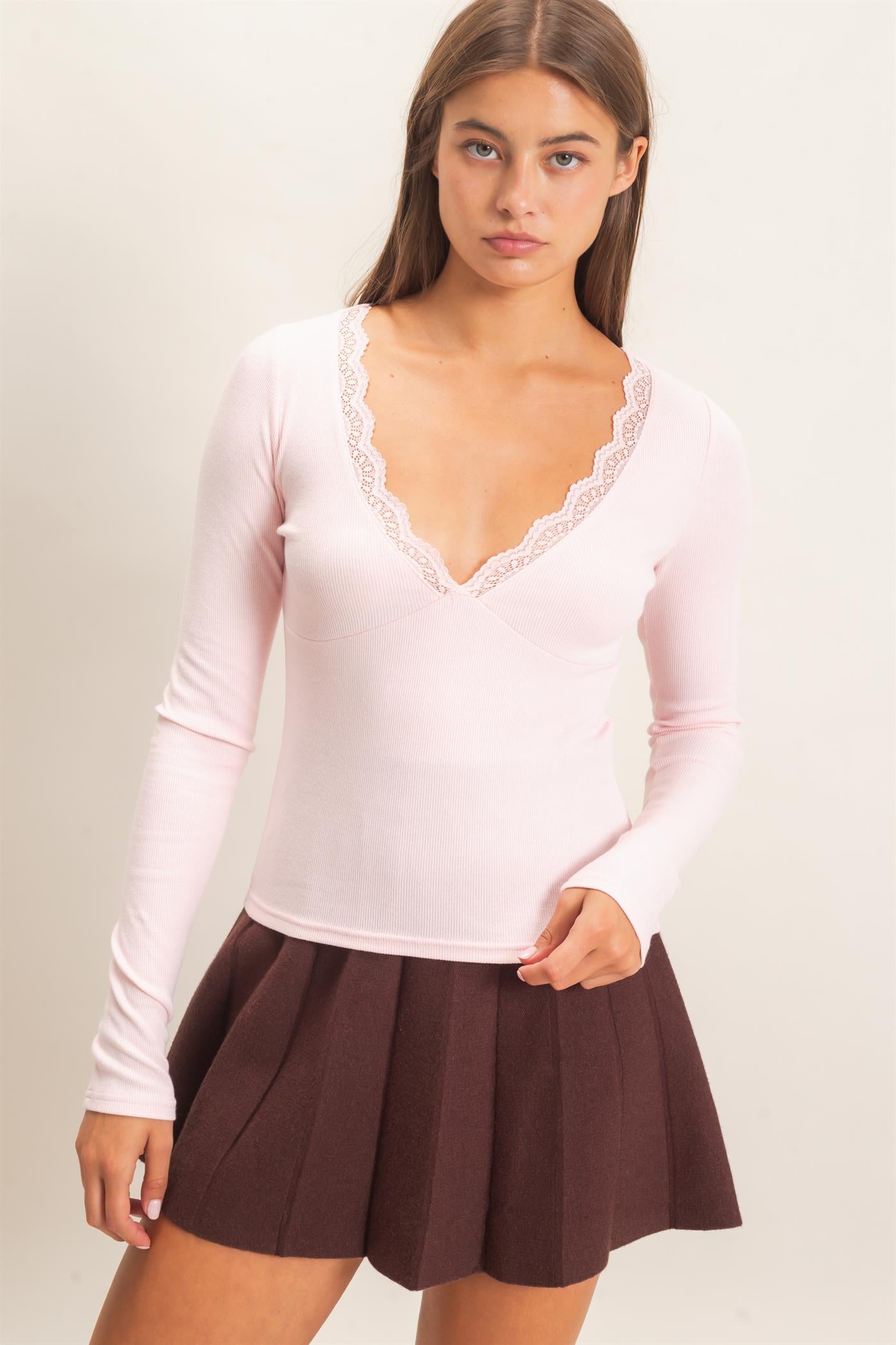 Wholesale Lace Trim V-Neck Top Clothing Tops DZ26E913 LIGHT PINK DOUBLE ZERO