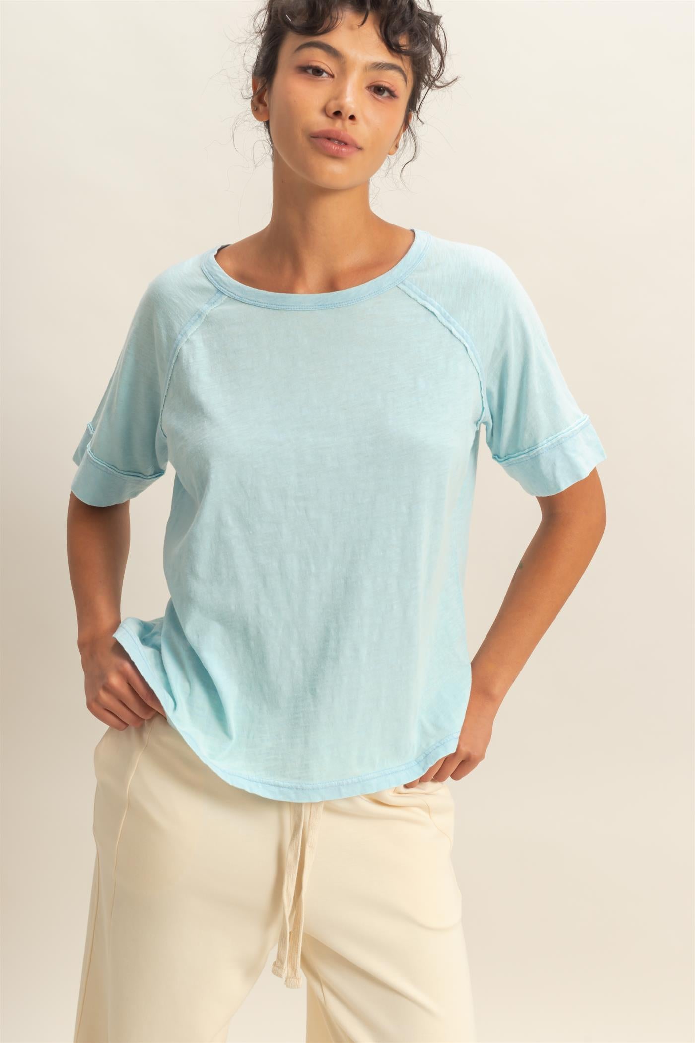 Wholesale Acid Wash Raw Seam Raglan Short Sleeve Tee Clothing Tops DZ26A655 BLUE HYFVE