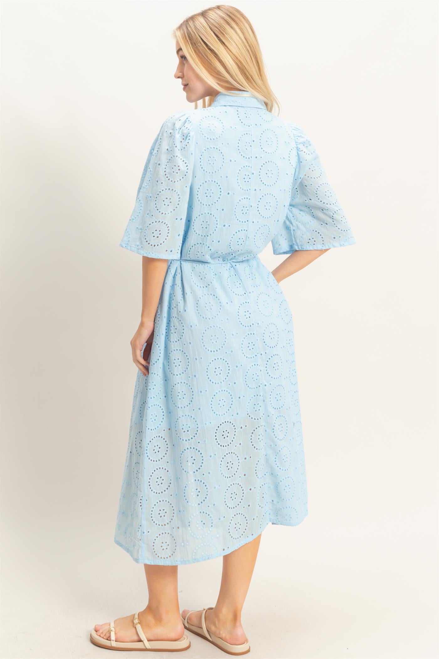 Wholesale Eyelet Collared Midi Dress Dresses HF26A021 L.BLUE HYFVE