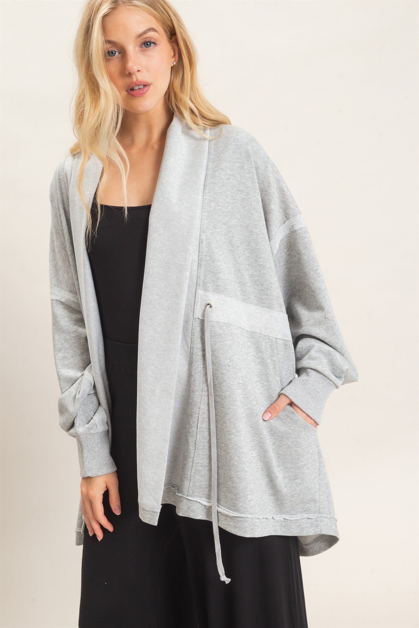 Wholesale Open Front Tie Waist Cardigan Cardigans HF26C778 HEATHER GRAY HYFVE