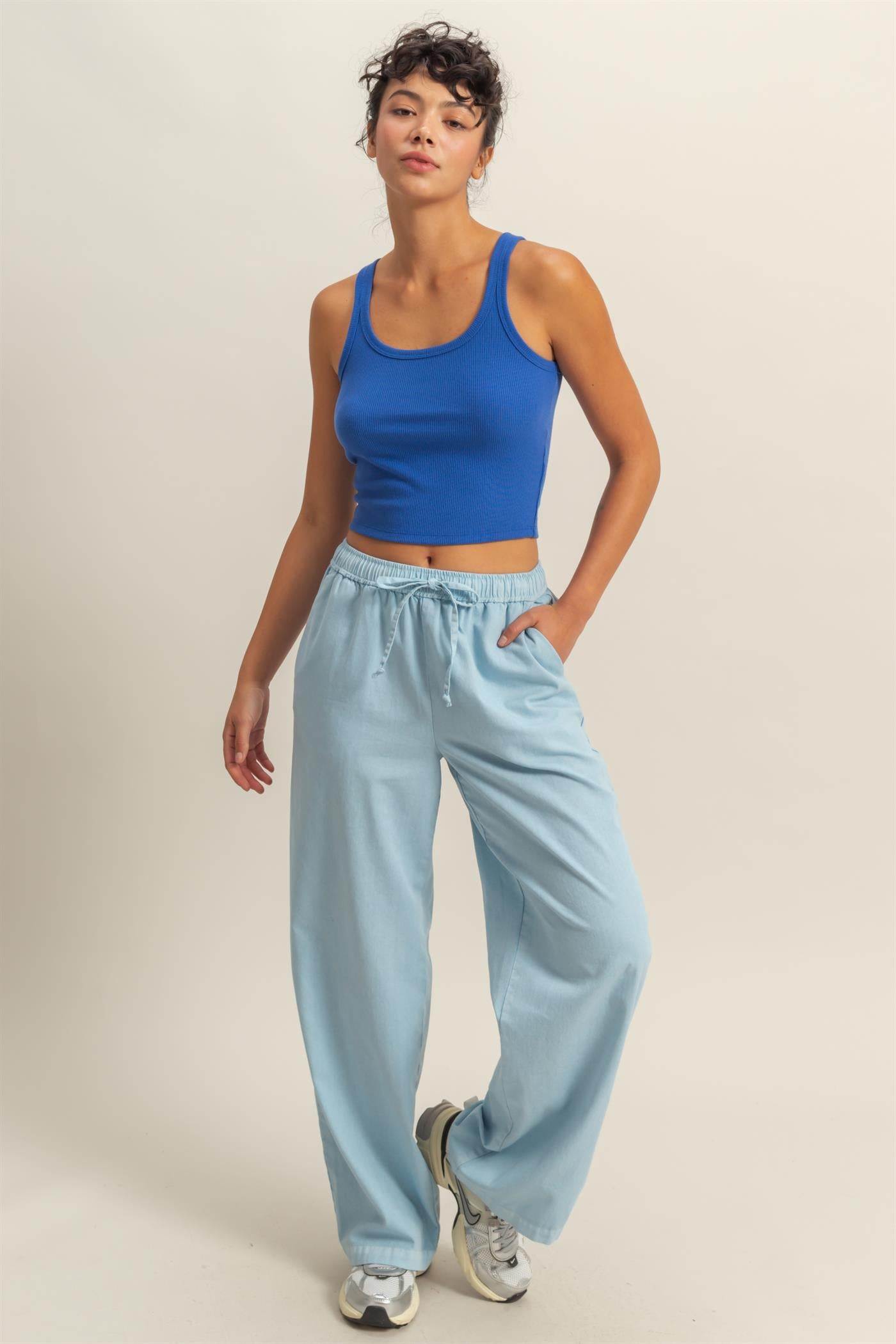 Wholesale Drawstring Waist Straight Leg Pants Pants DZ24A339 BABY BLUE DOUBLE ZERO