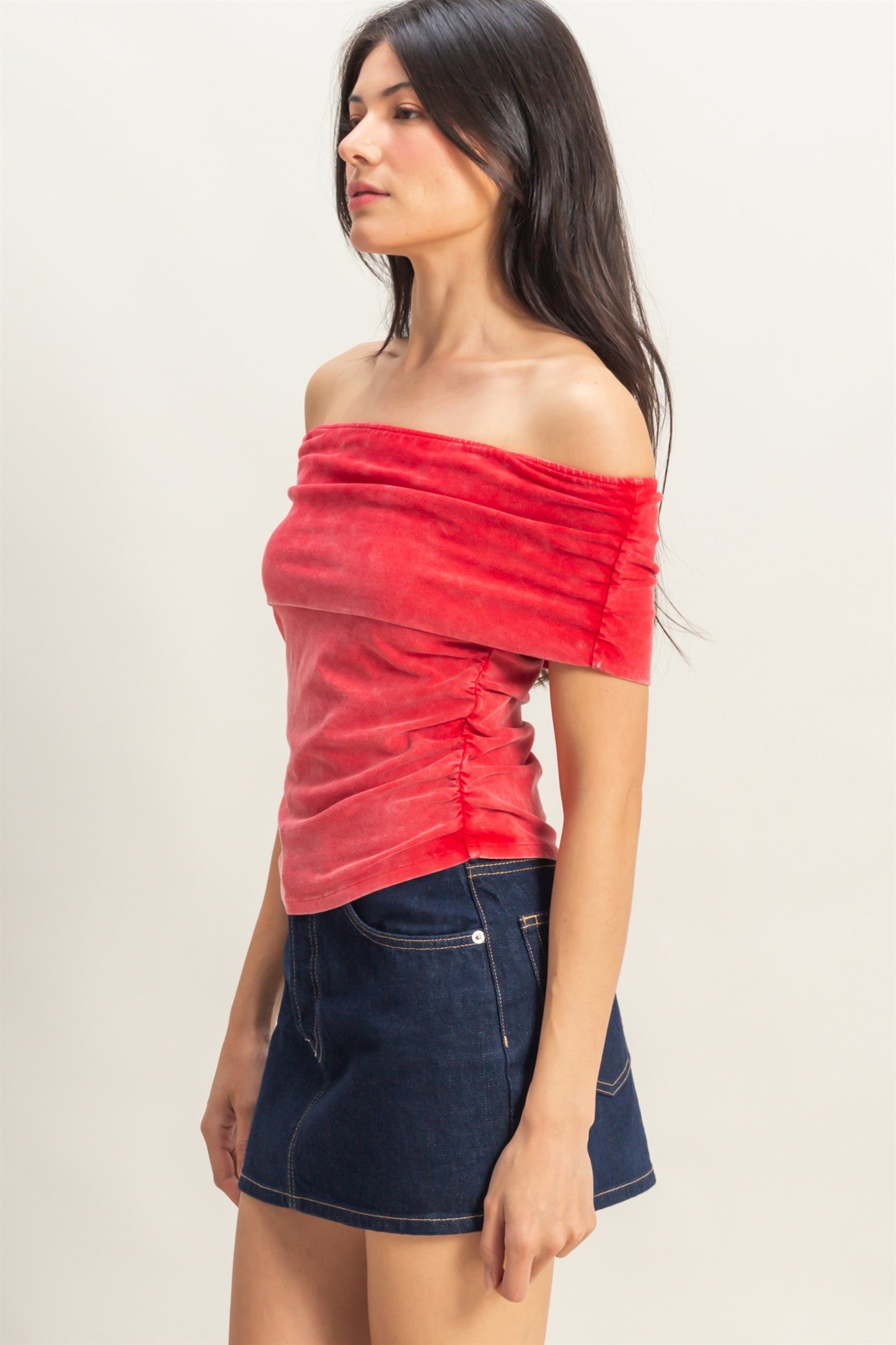 Wholesale Off-The-Shoulder Side Ruched Top Clothing Tops DZ25C848 RED DOUBLE ZERO