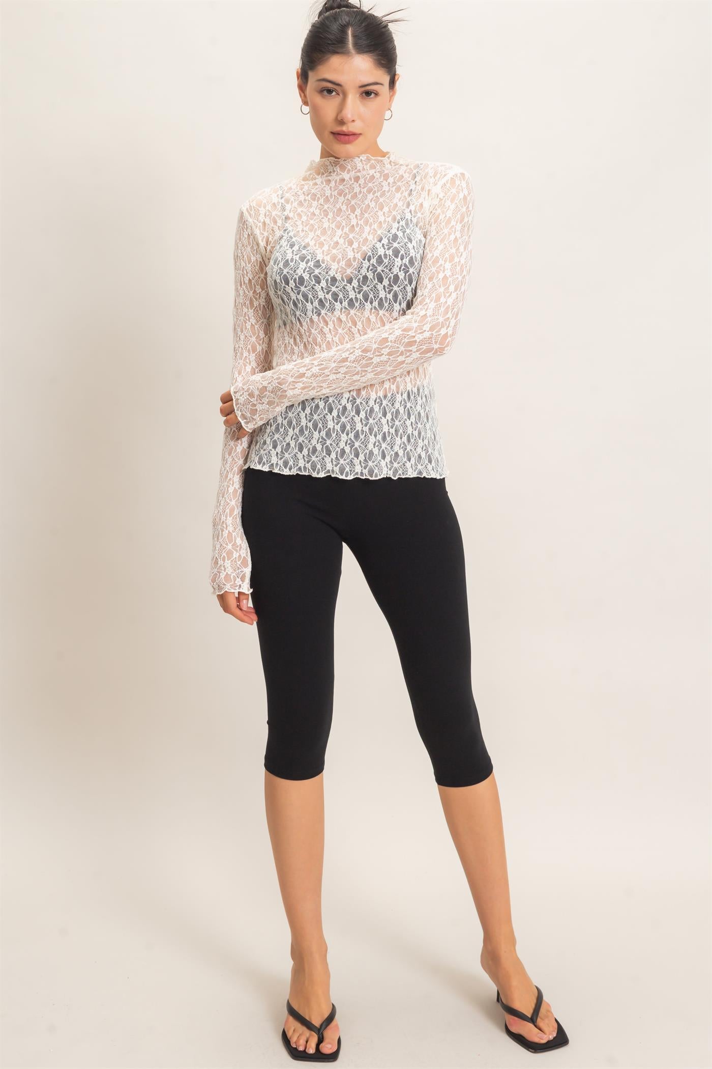 Wholesale Lace Mock Neck Long Sleeve Top Clothing Tops HF26E033-D CREAM HYFVE