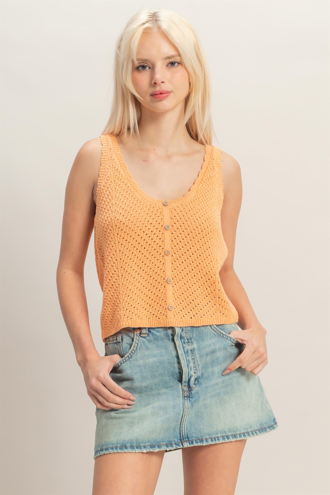 Wholesale Open Knit Scallop Edge Button Front Tank Top Tank Tops DZ26A221 APRICOT DOUBLE ZERO