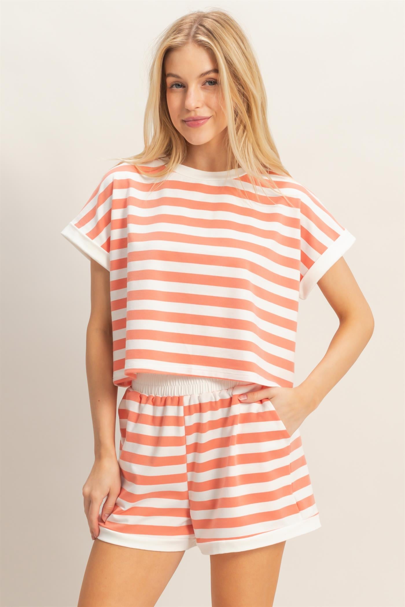 Wholesale Striped Short Sleeve Top & Shorts Set Clothing HF26C064-SET SALMON HYFVE