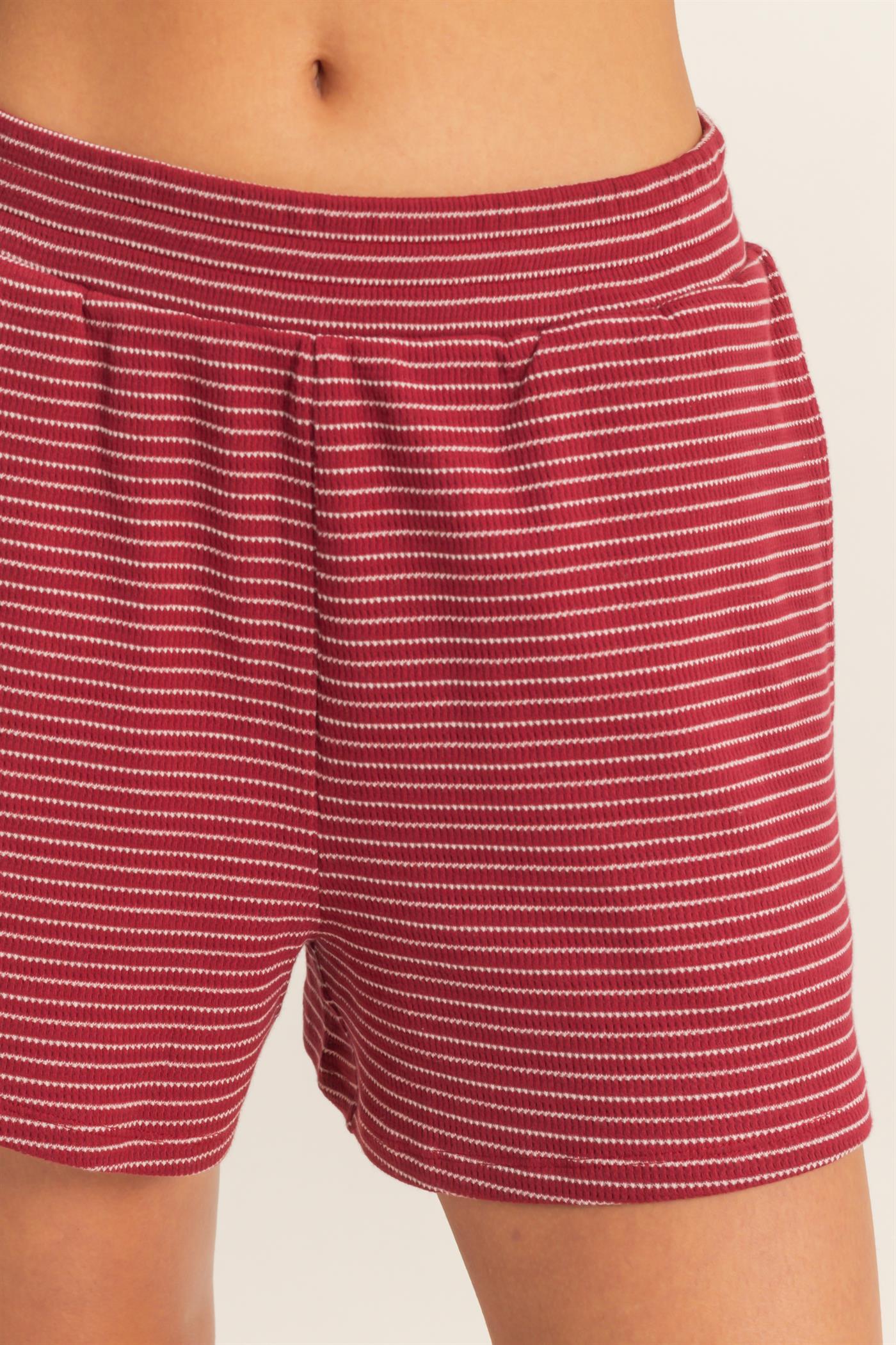 Wholesale Striped Round Neck Top & Shorts Set Clothing DZ26A045-SET DARK RED DOUBLE ZERO