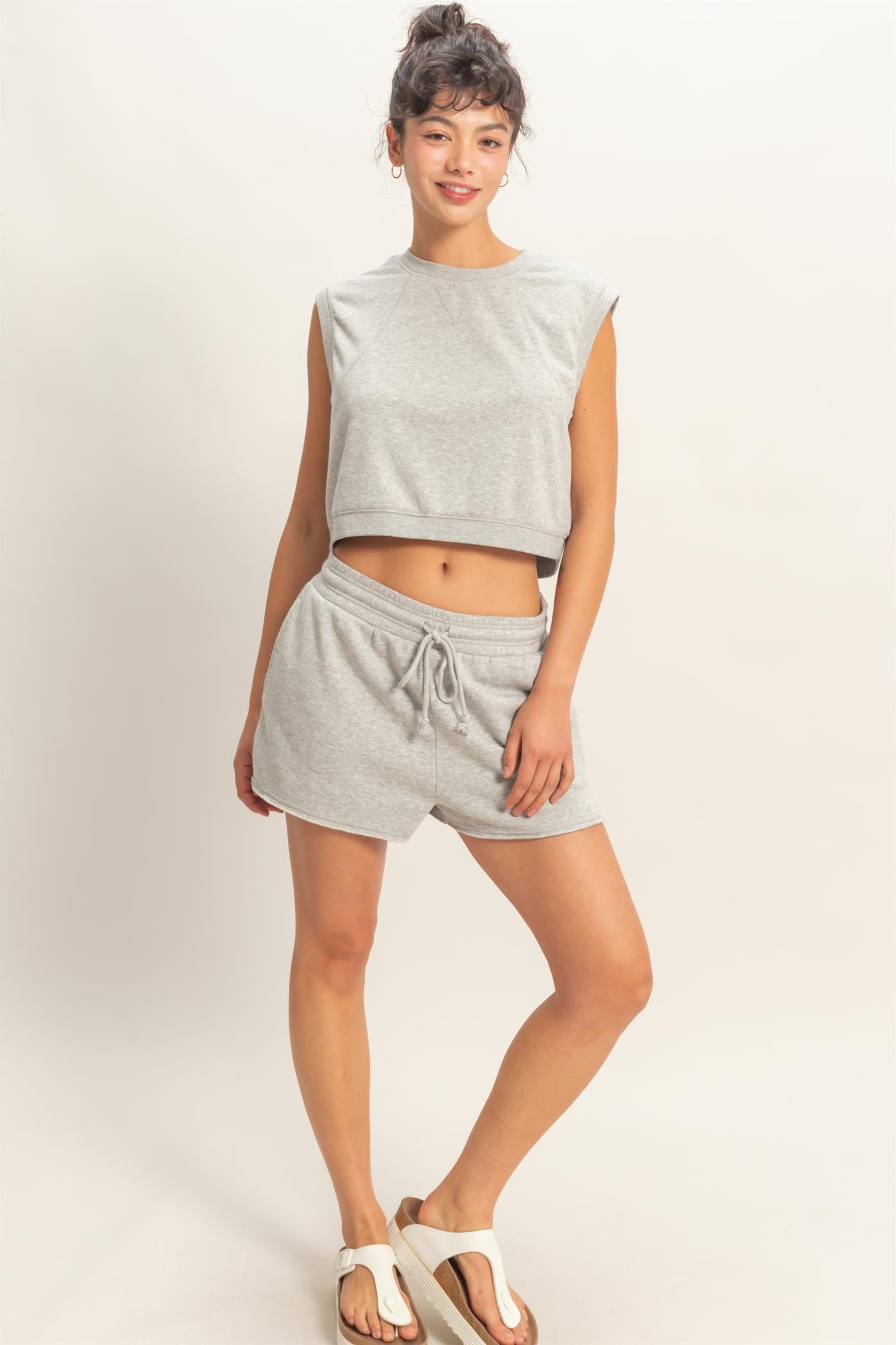 Wholesale Burnout French Terry Sleeveless Top & Shorts Set Clothing Tops DZ26A171-SET HEATHER GRAY DOUBLE ZERO