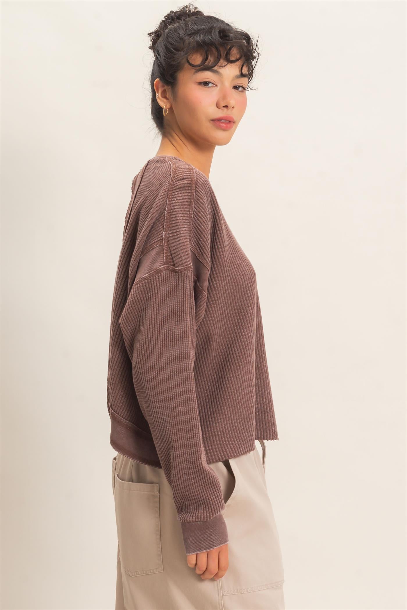 Wholesale Mineral Wash Waffle Open Back Top Clothing Tops DZ26C964 DARK BROWN DOUBLE ZERO