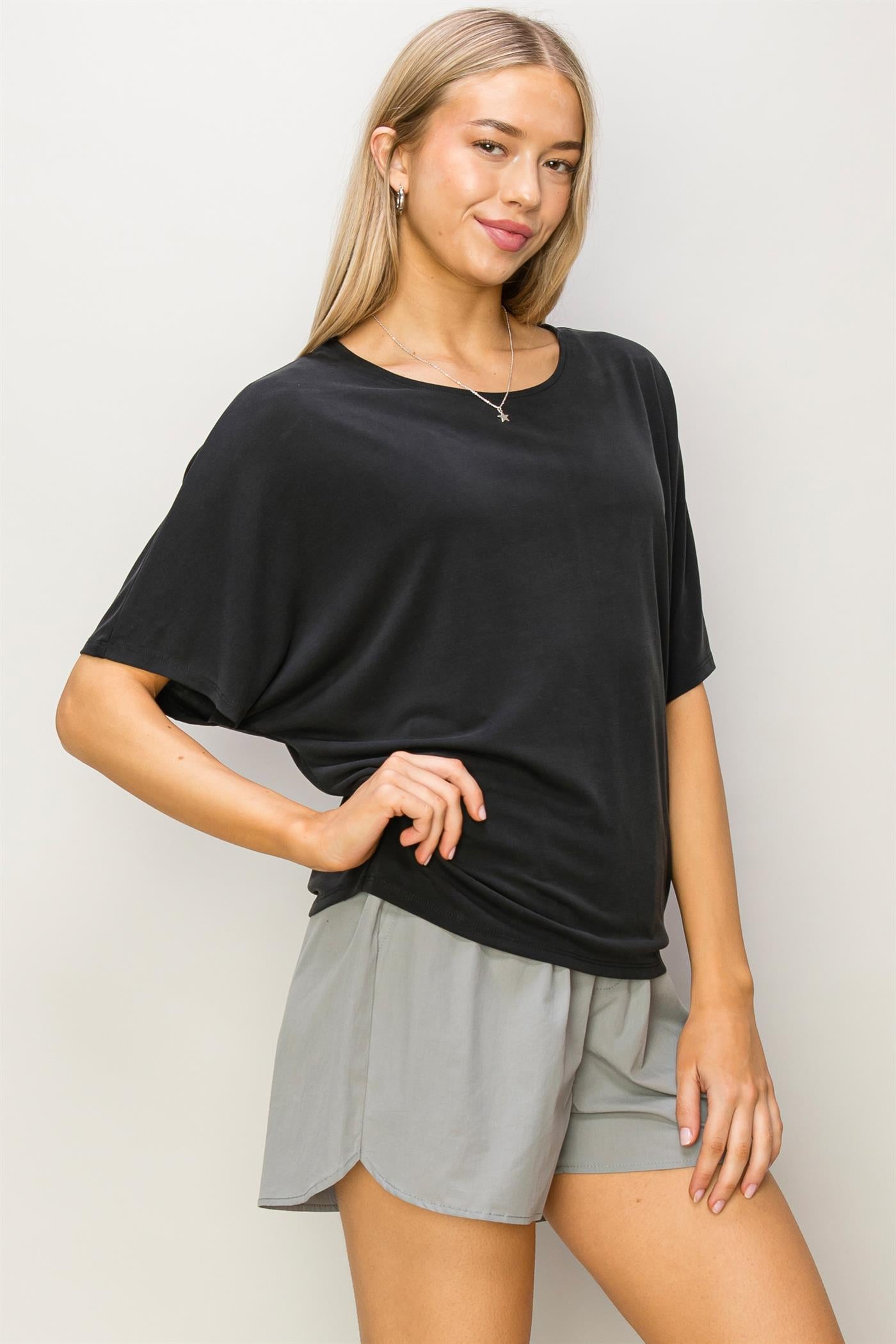 Wholesale D-Elbow Length Dolman Sleeve Top Clothing Tops DZ24C199-D BLACK DOUBLE ZERO