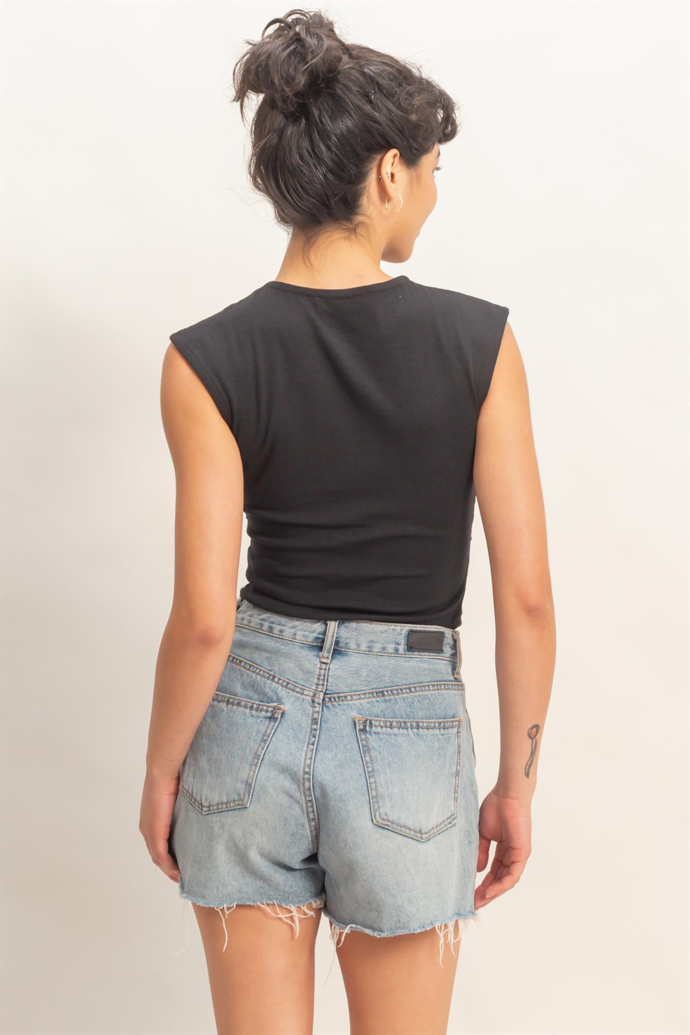 Wholesale Ruched Waist Cap Sleeve Top Clothing Tops DZ26A889 BLACK DOUBLE ZERO