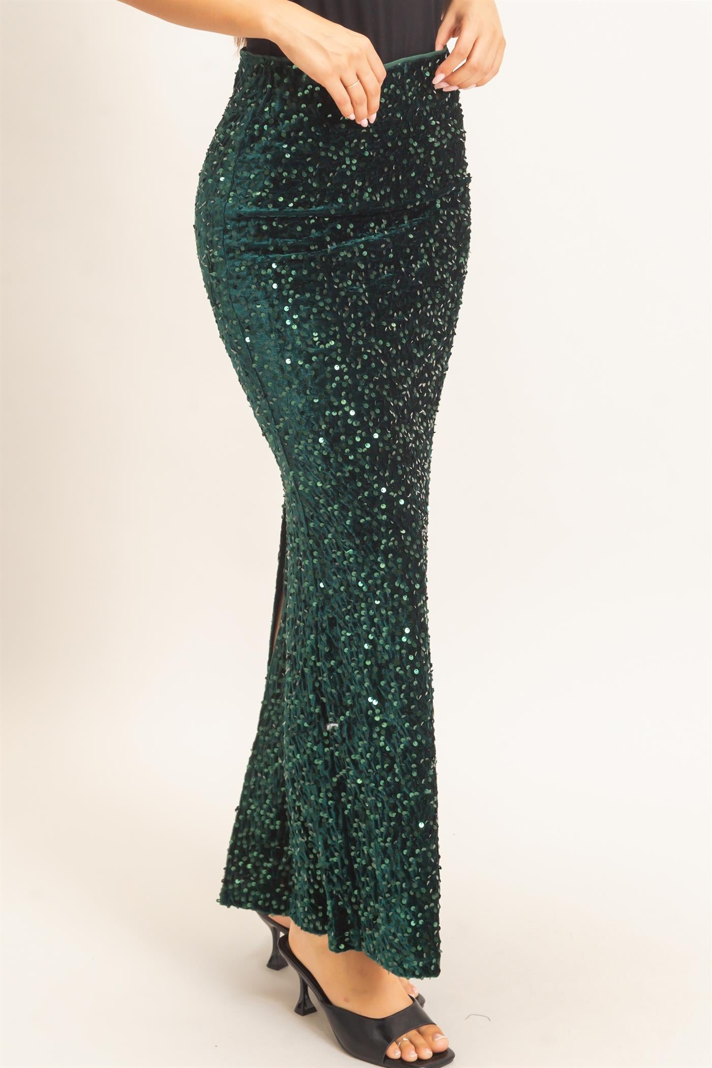 Wholesale Sequin Midi Skirt Skirts HF26F121 FOREST GREEN HYFVE