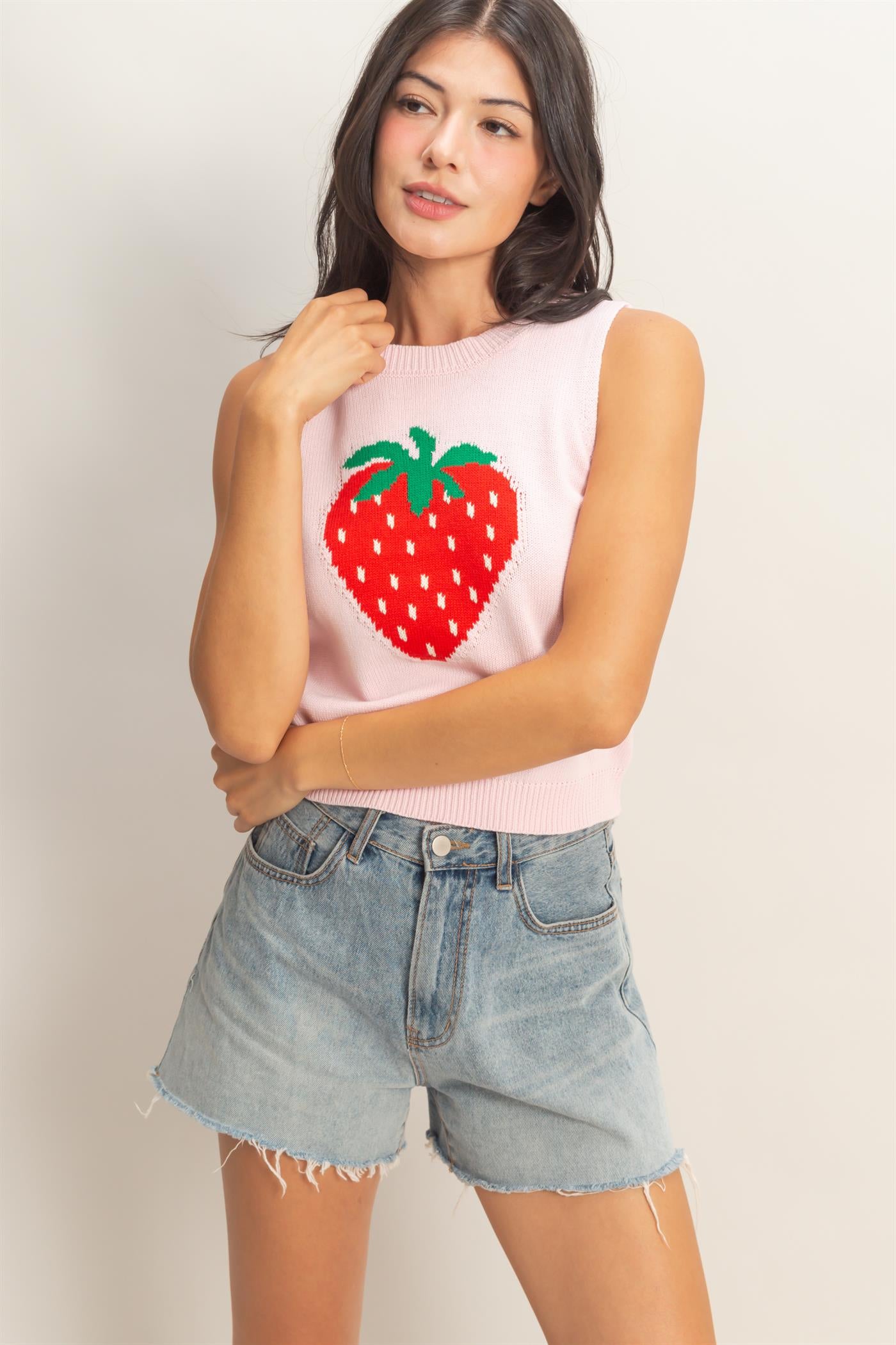Wholesale Strawberry Sleeveless Knit Top Clothing Tops DZ26A035 SOFT PINK DOUBLE ZERO