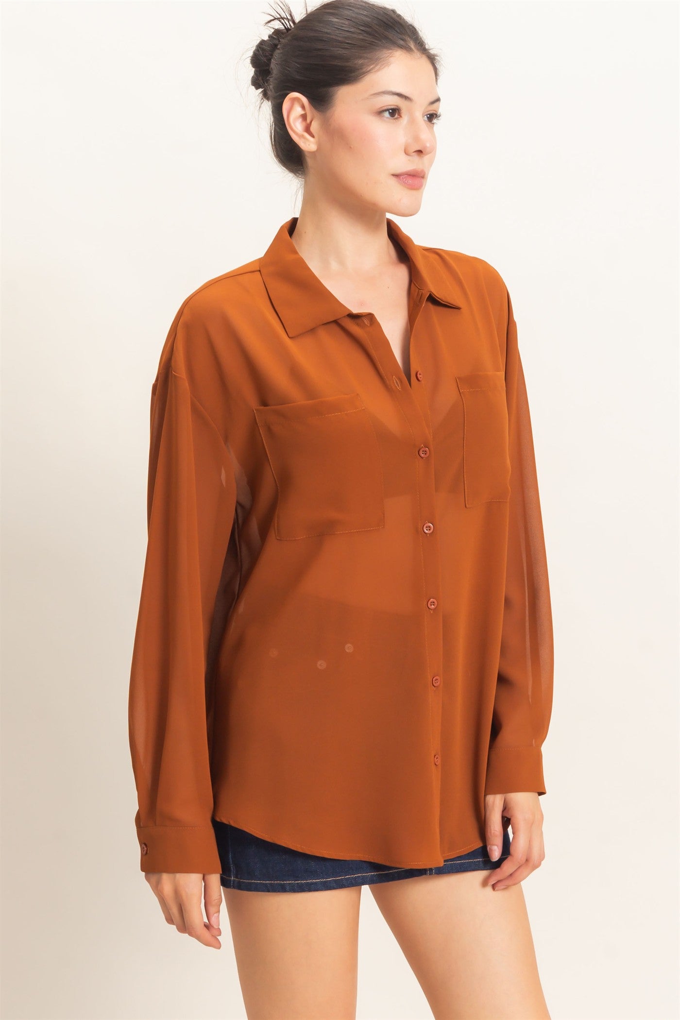 Wholesale Button-Down Collar Blouse Shirts HF26F067 CAMEL HYFVE