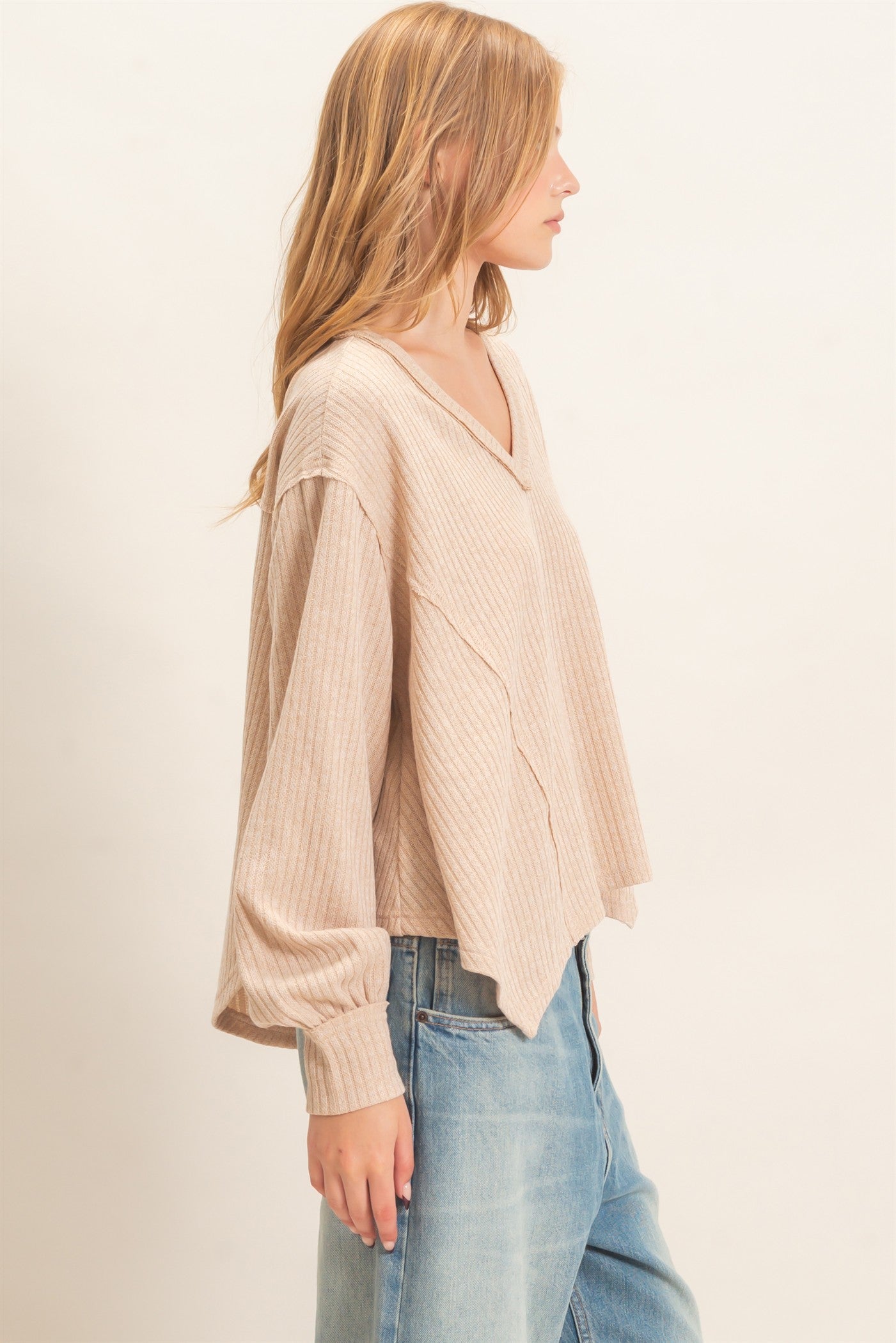 Wholesale Ribbed V-Neck Knit Top Shirts HF26F351 BEIGE HYFVE