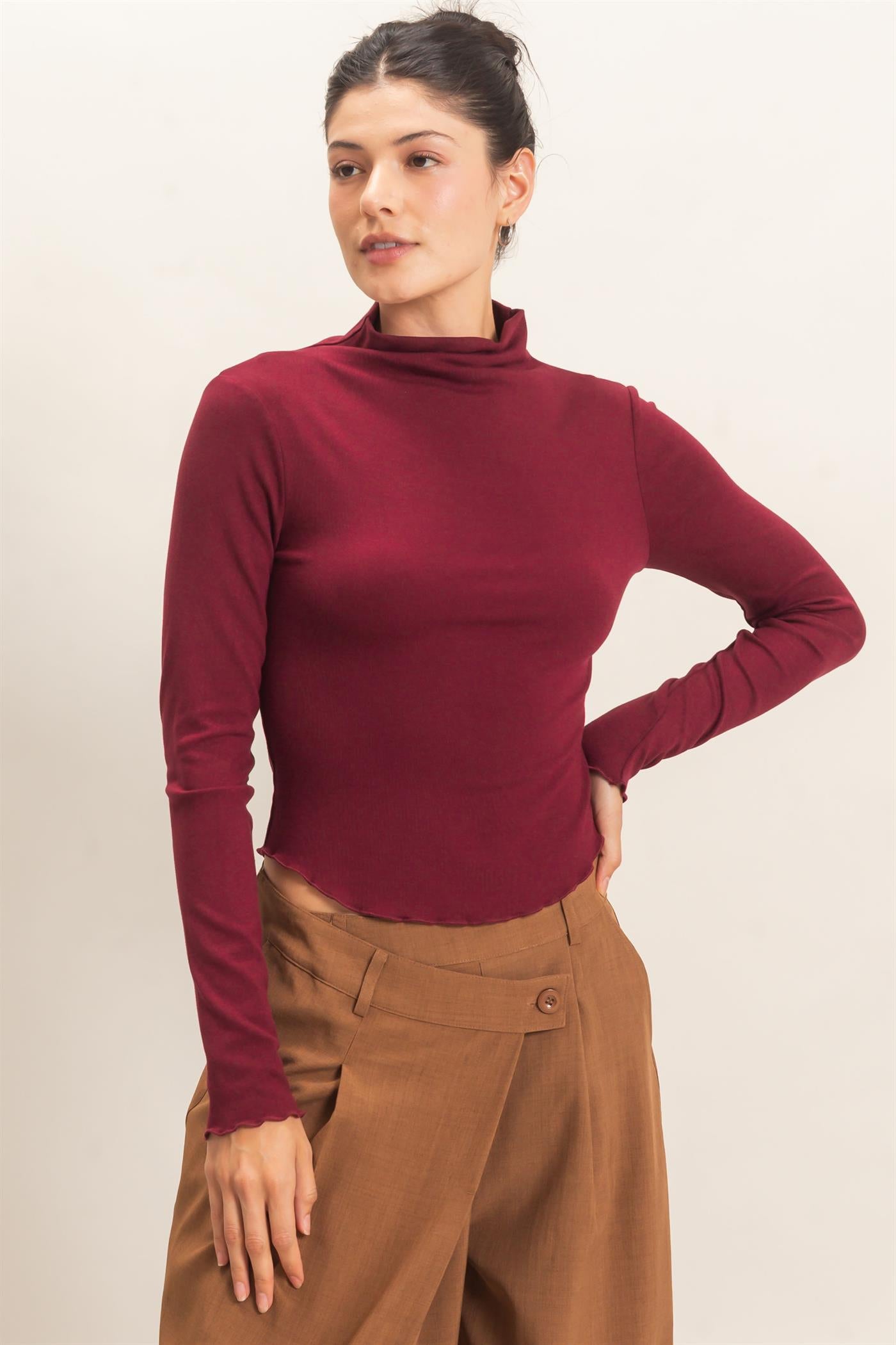 Wholesale Long Sleeve Lettuce Hem Top Clothing Tops HF26F122 BURGUNDY HYFVE