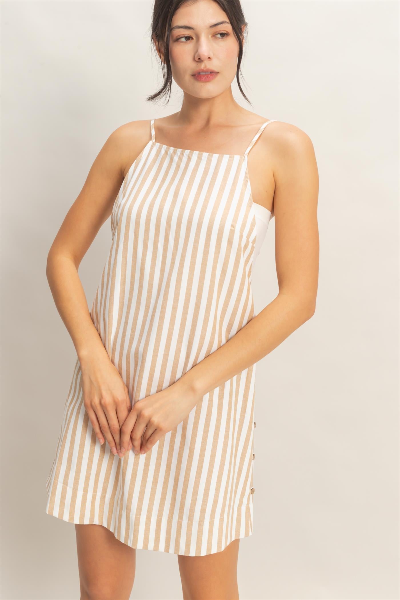 Wholesale Striped Straight Neck Mini Dress Dresses HF26C080 TAUPE HYFVE