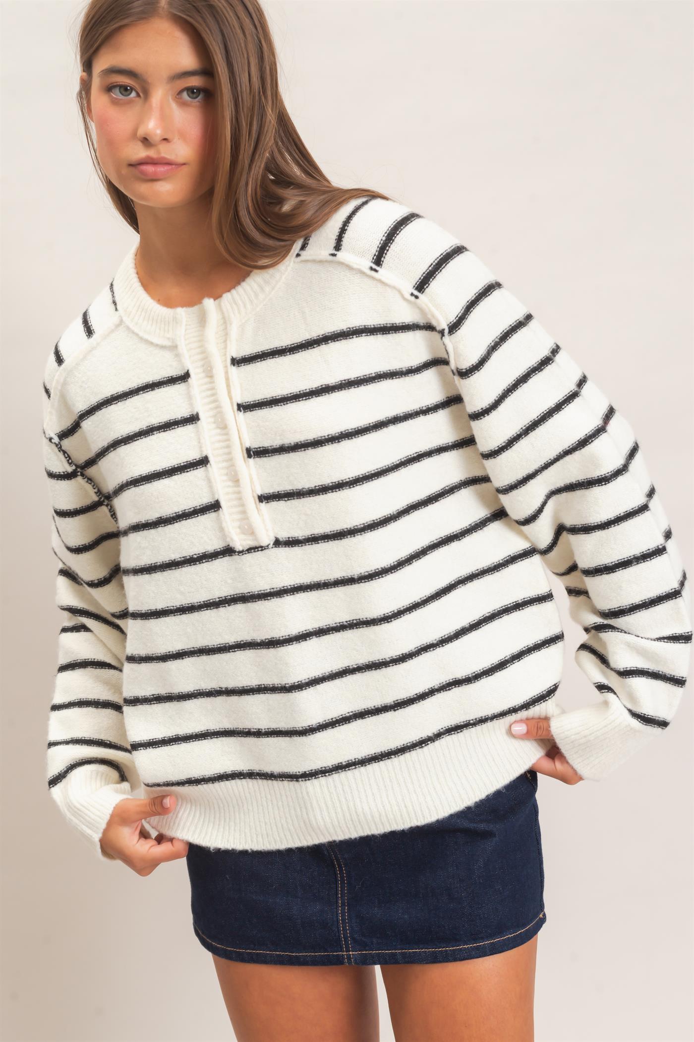 Wholesale Stripe Henley Sweater Sweaters DZ26F002 CREAM DOUBLE ZERO