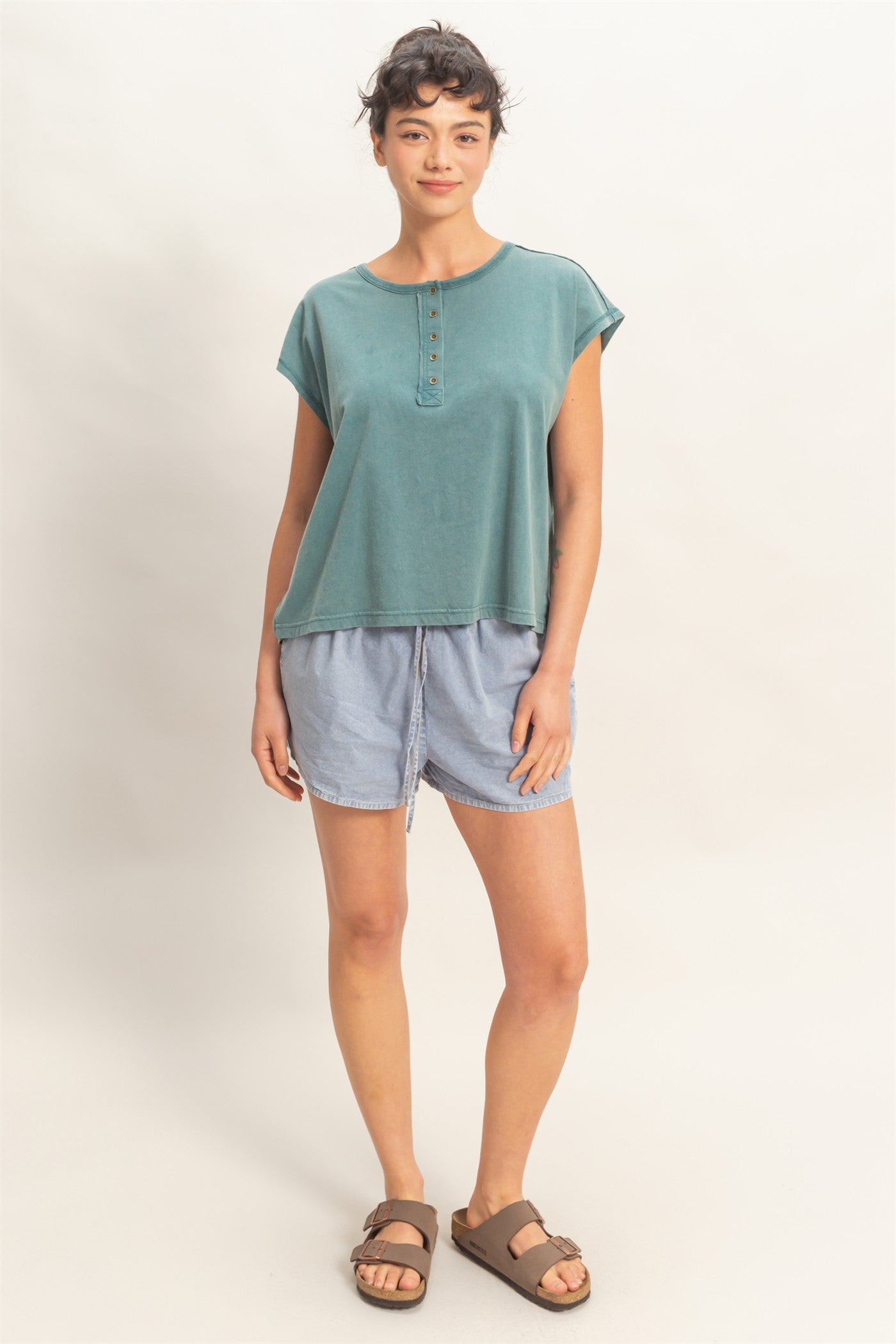 Wholesale Henley Neck Cap Sleeve Top Clothing Tops DZ26E279 DARK TEAL DOUBLE ZERO