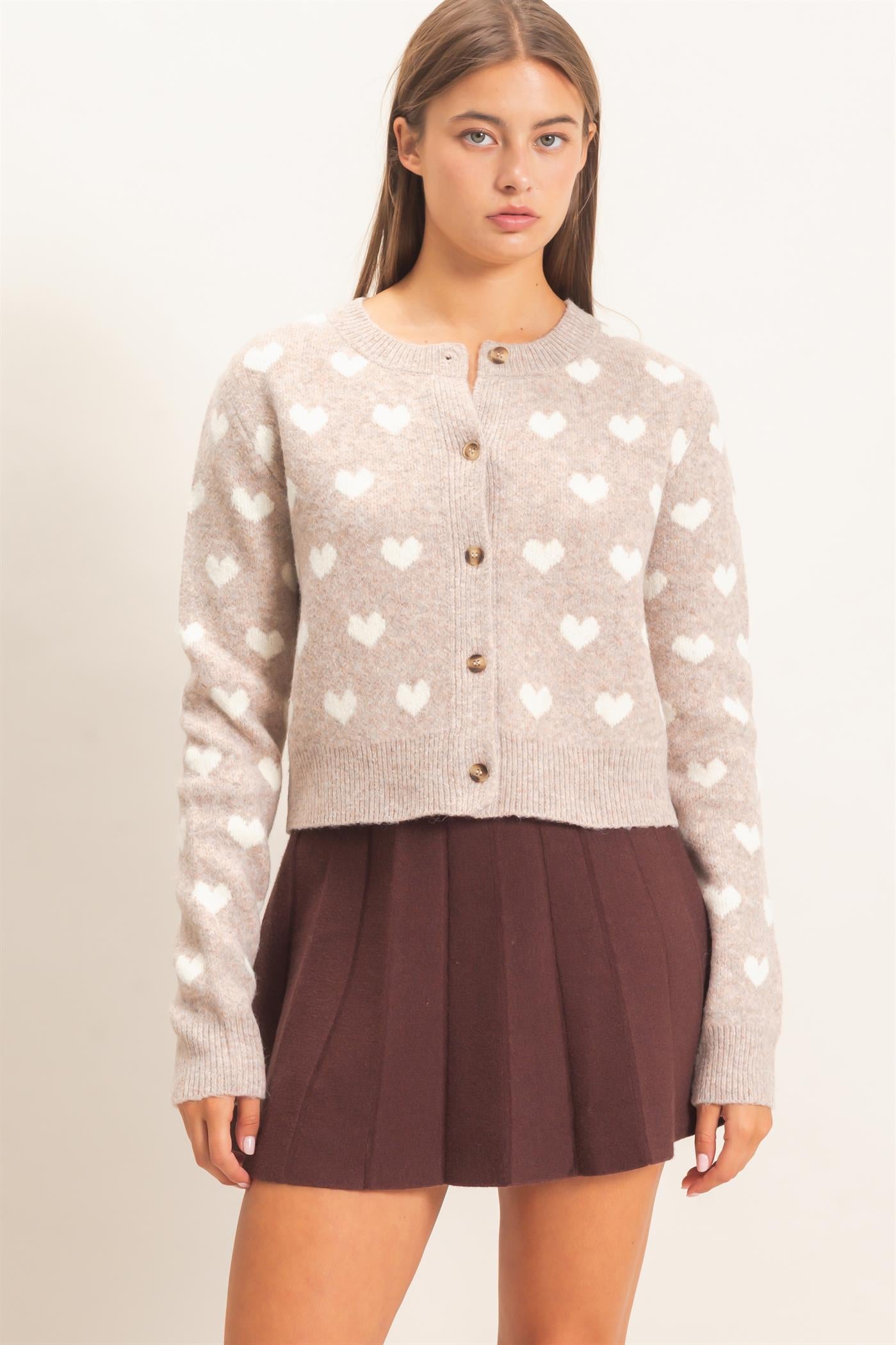 Wholesale Heart Pattern Cardigan Cardigans DZ26E320 TAUPE DOUBLE ZERO