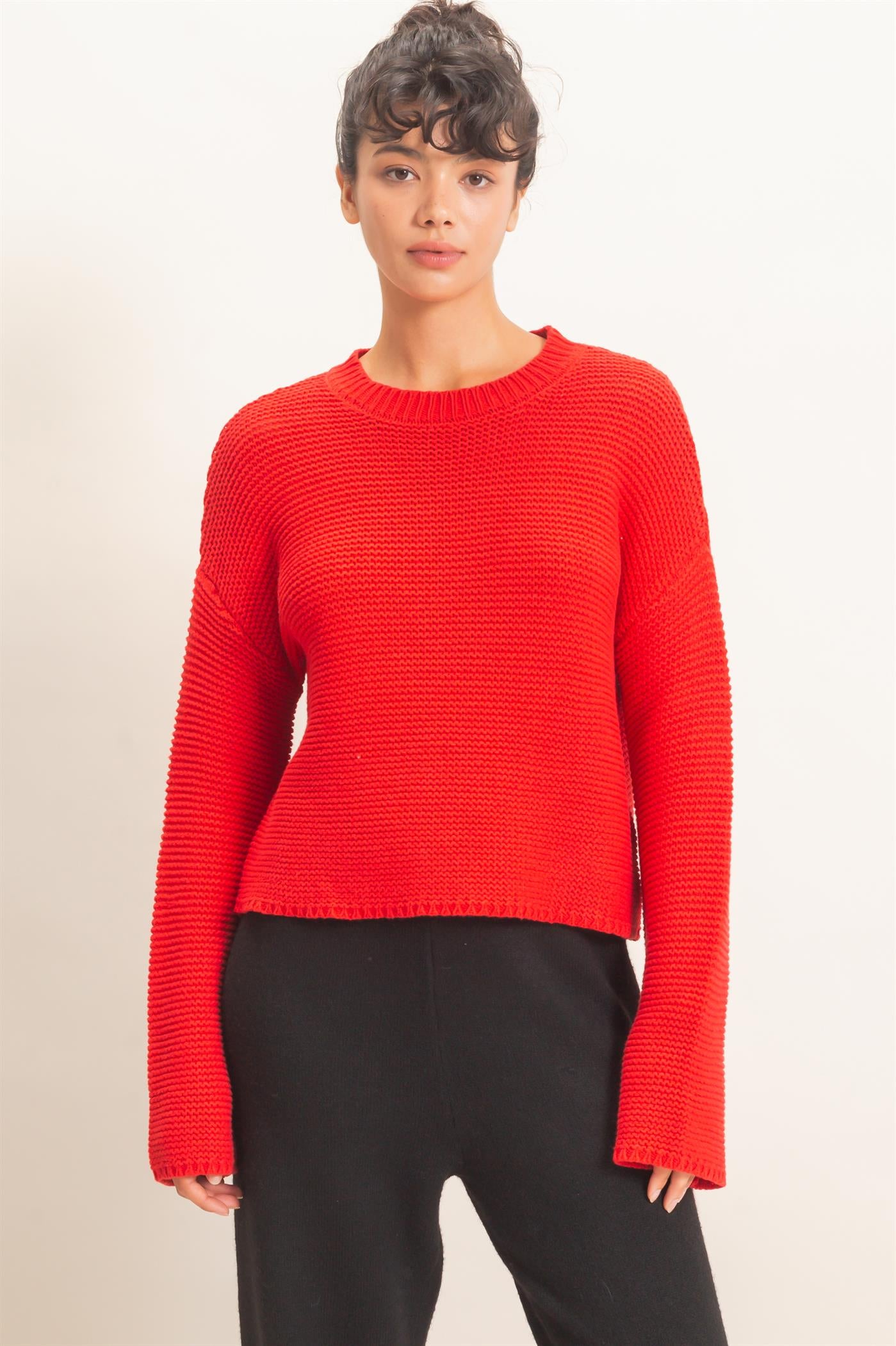 Wholesale Textured Knit Crew Neck Sweater Sweaters DZ26F395 RED DOUBLE ZERO