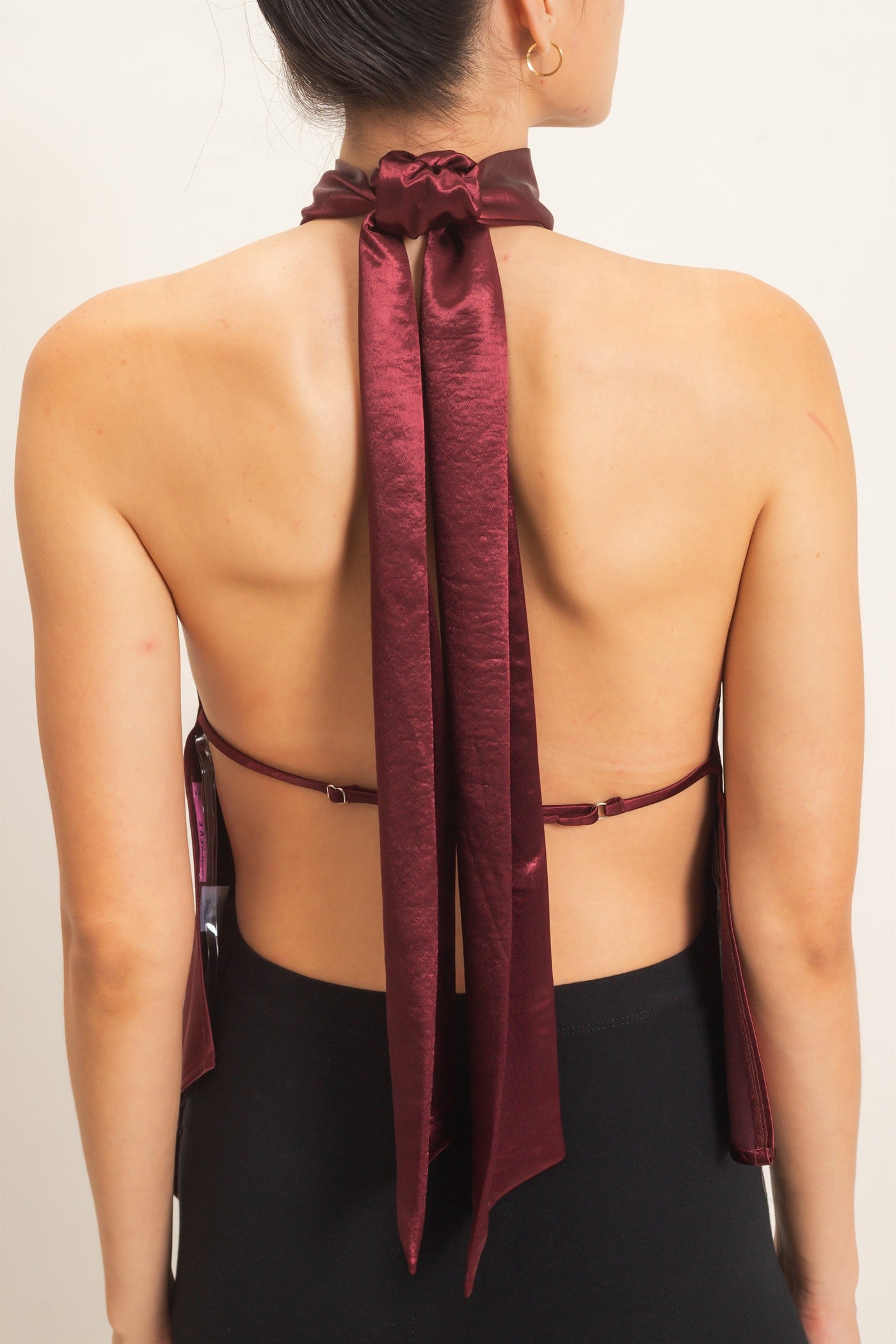 Wholesale Asymmetrical Satin Halter Top Blouses HF26F114 WINE HYFVE