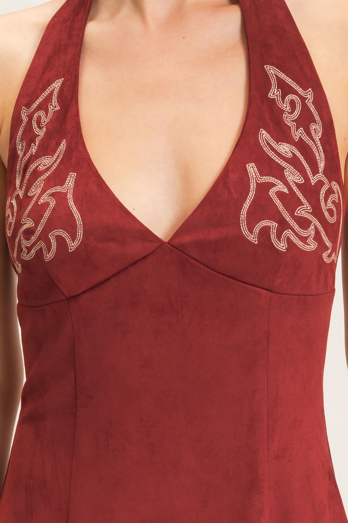 Wholesale Suede V-Neck Halter Dress Dresses HF26E500 BURGUNDY HYFVE