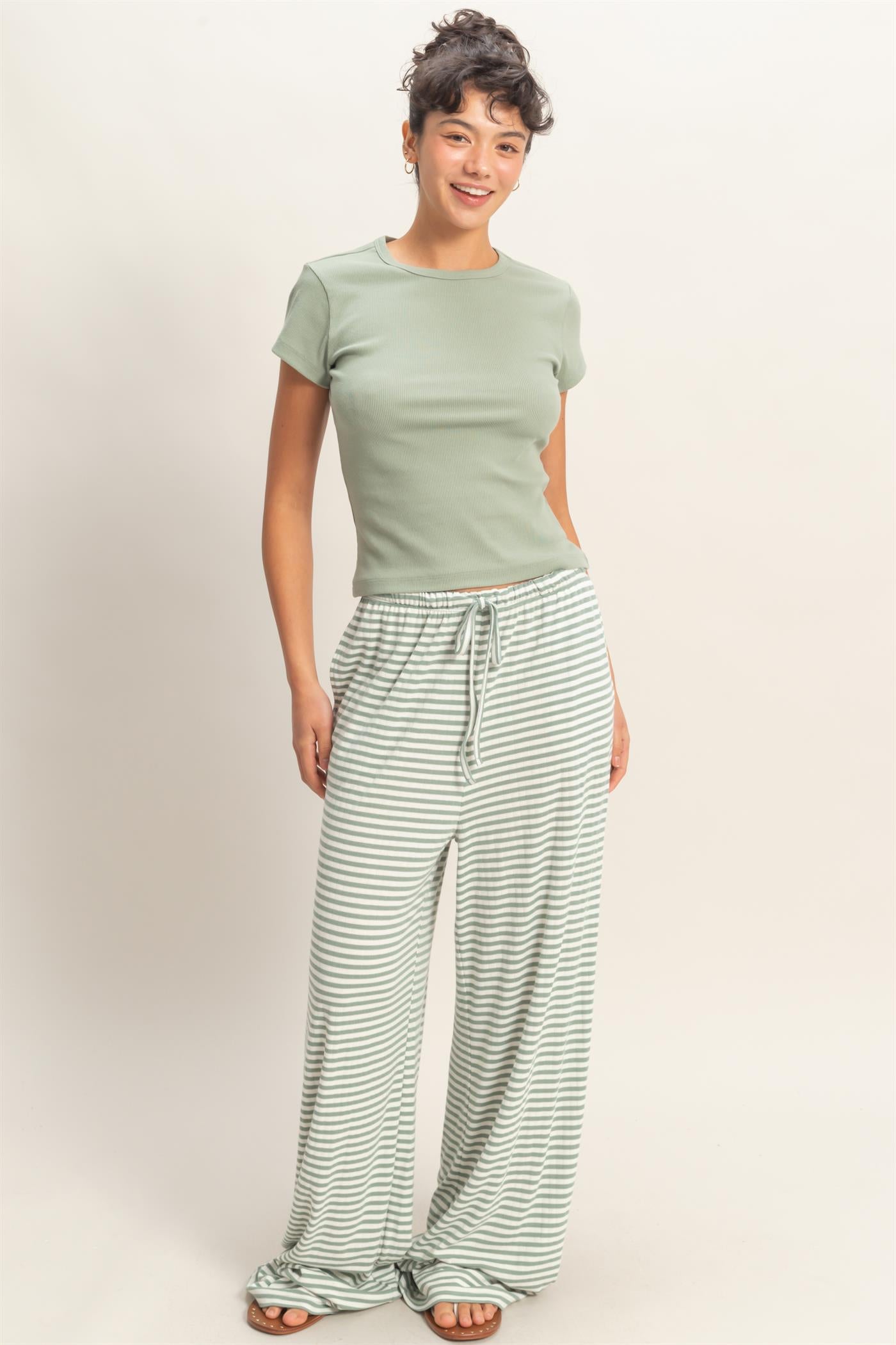 Wholesale Basic Ribbed Short Sleeve Top Clothing Tops DZ26A137 SAGE GREEN DOUBLE ZERO