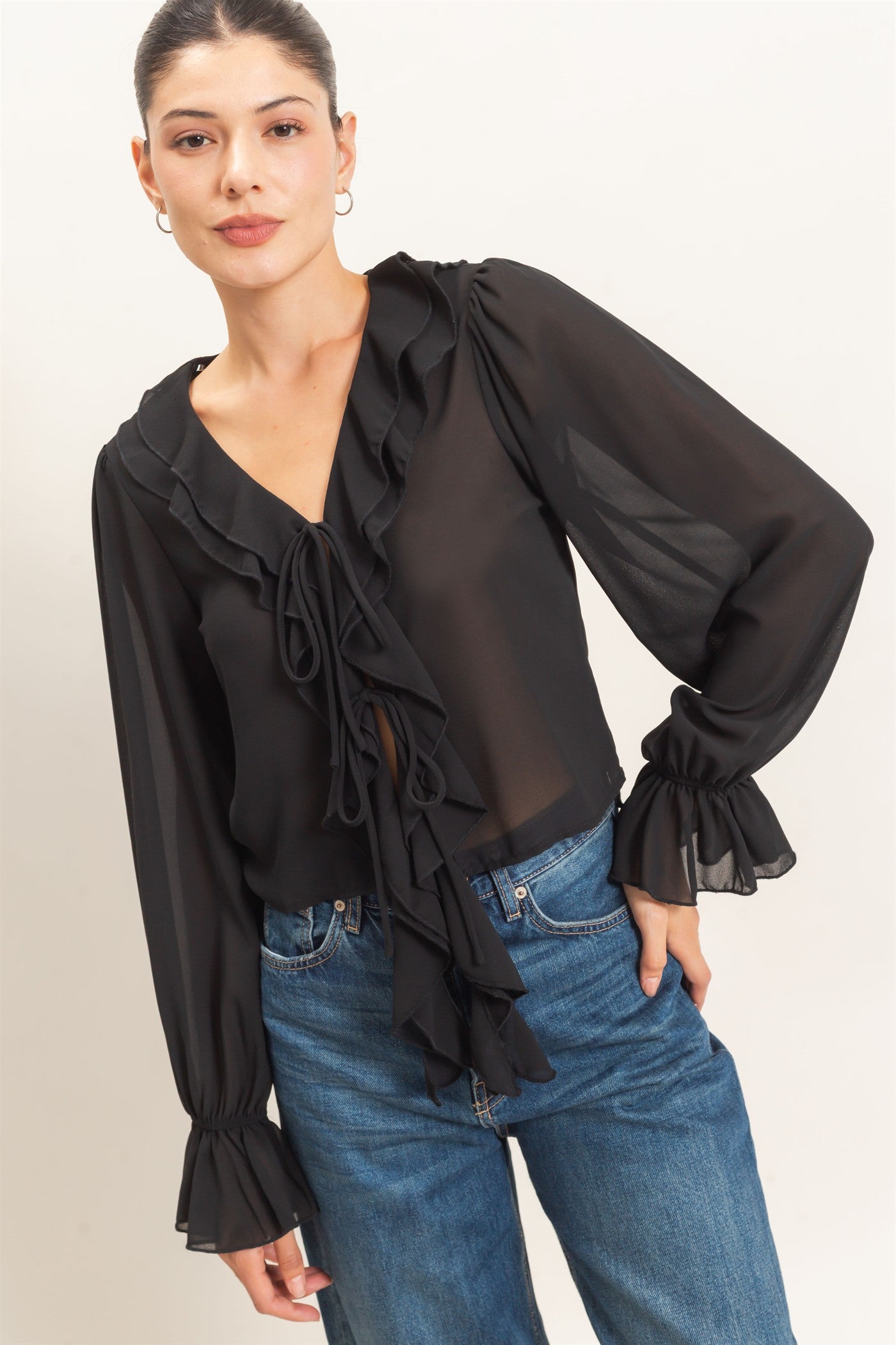 Wholesale Ruffled V-Neck Blouse Blouses HF26F066 BLACK HYFVE