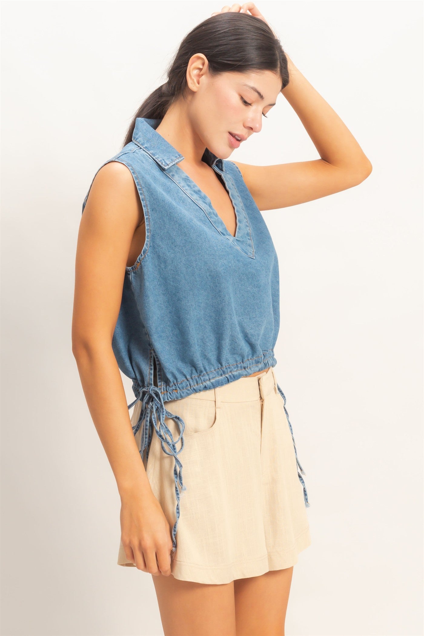 Wholesale Collared V-Neck Drawstring Tank Clothing Tops HF26C220 LIGHT BLUE HYFVE