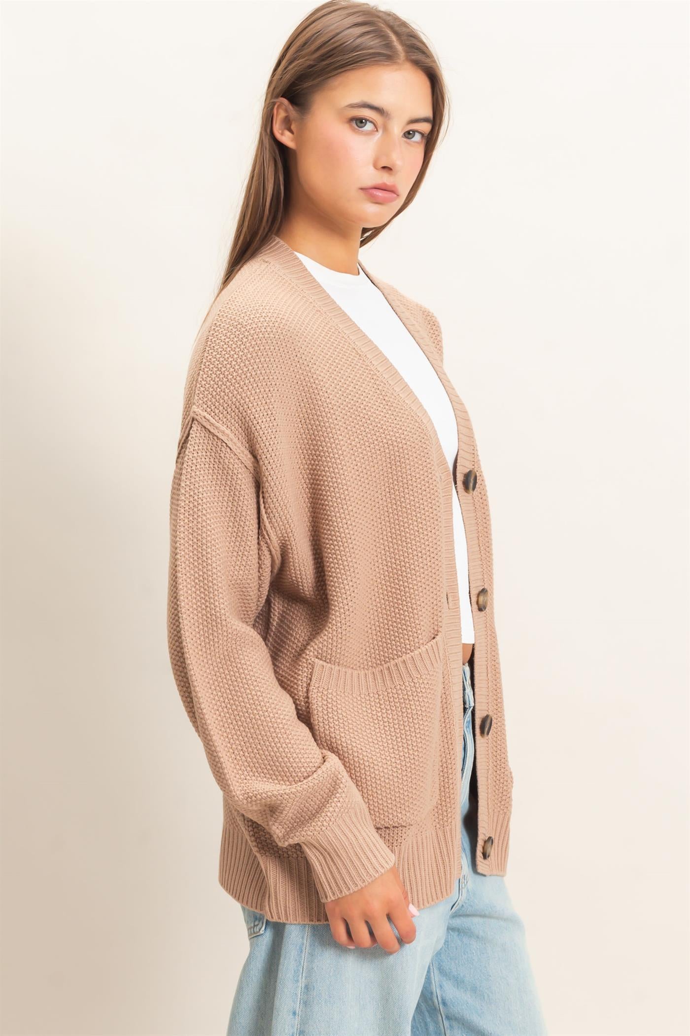 Wholesale Textured Oversized Knit Buttoned Cardigan Cardigans DZ26C971 DARK TAUPE DOUBLE ZERO
