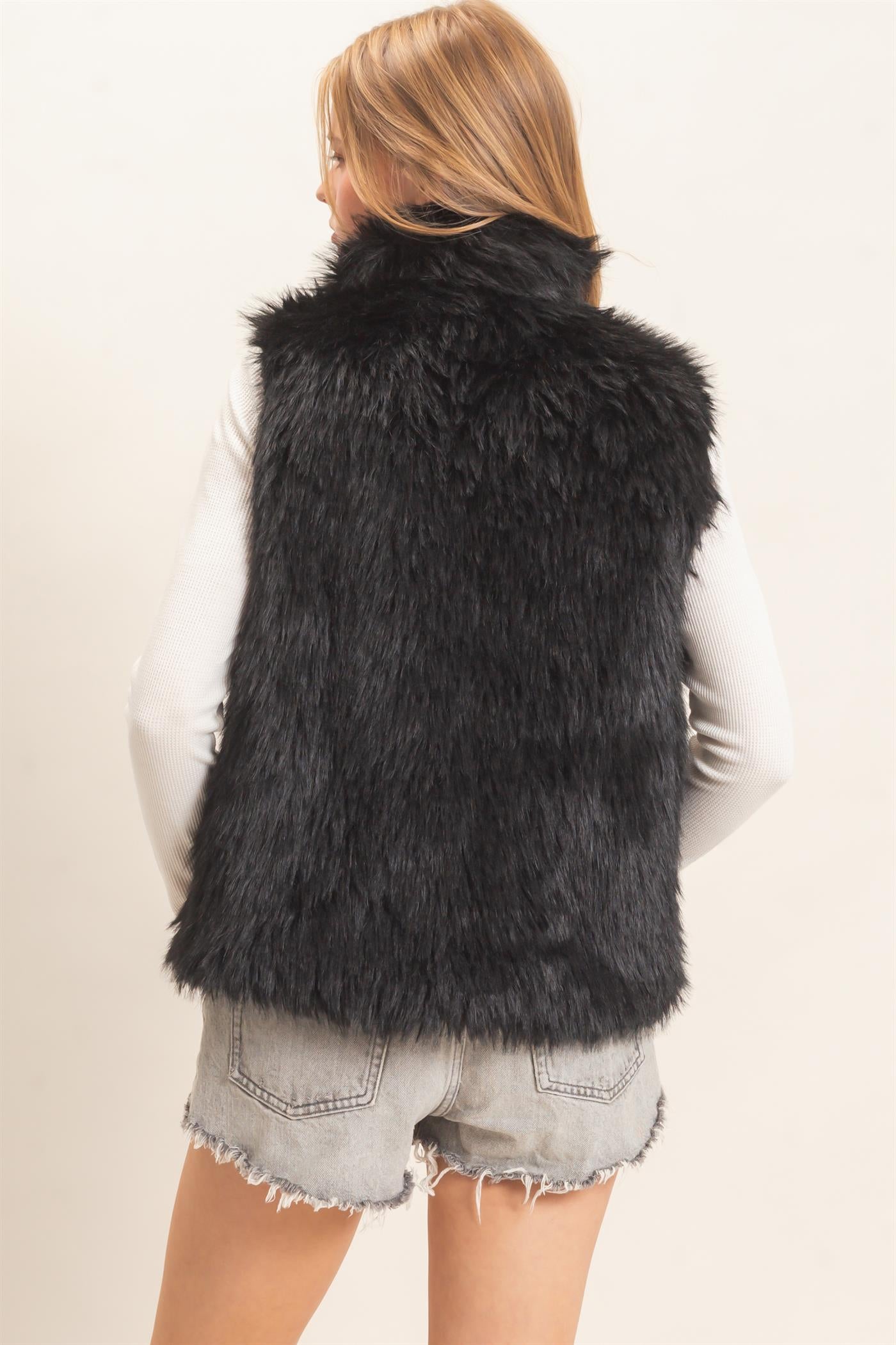Wholesale Faux Fur Zip-Up Outerwear Vest Vests HF26E532 BLACK HYFVE