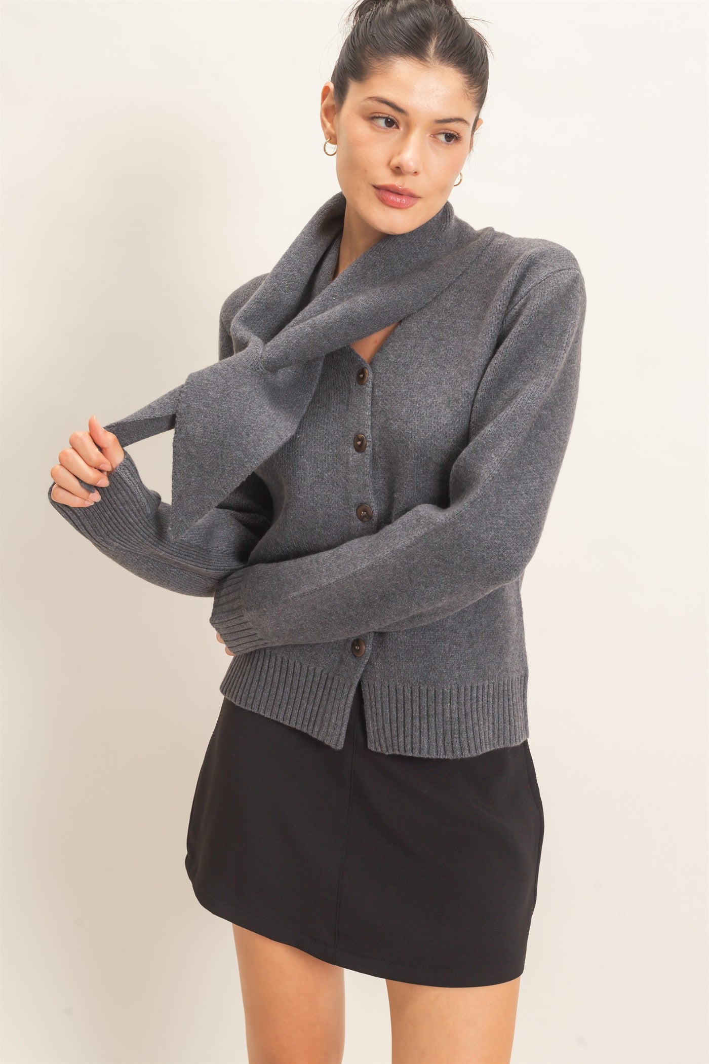 Wholesale Attached Scarf Button-Front Cardigan Cardigans HF26E870 CHARCOAL HYFVE