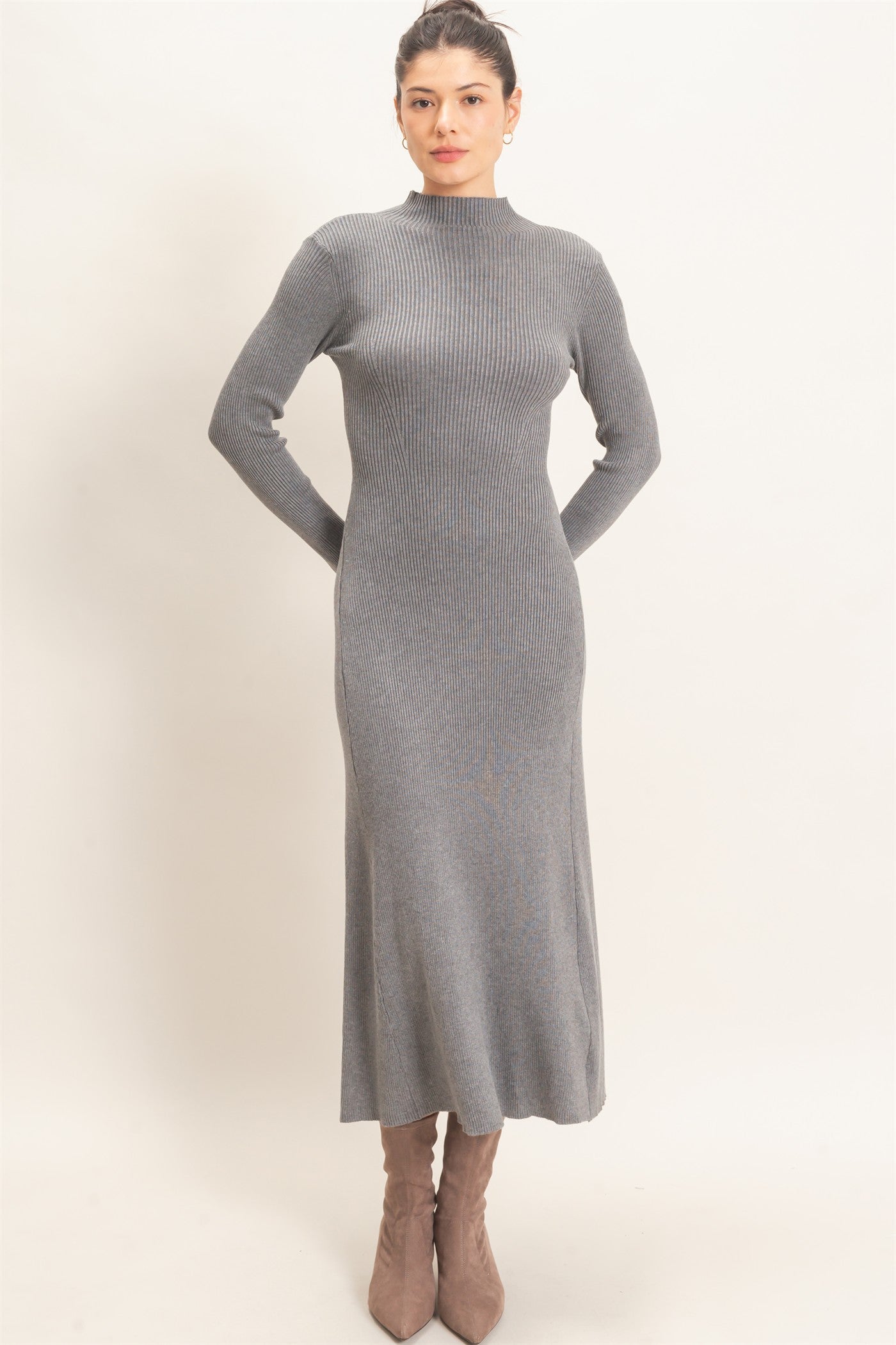 Wholesale Ribbed Mock Neck Long Sleeve Midi Dress Dresses HF26F156-D H.GRAY HYFVE