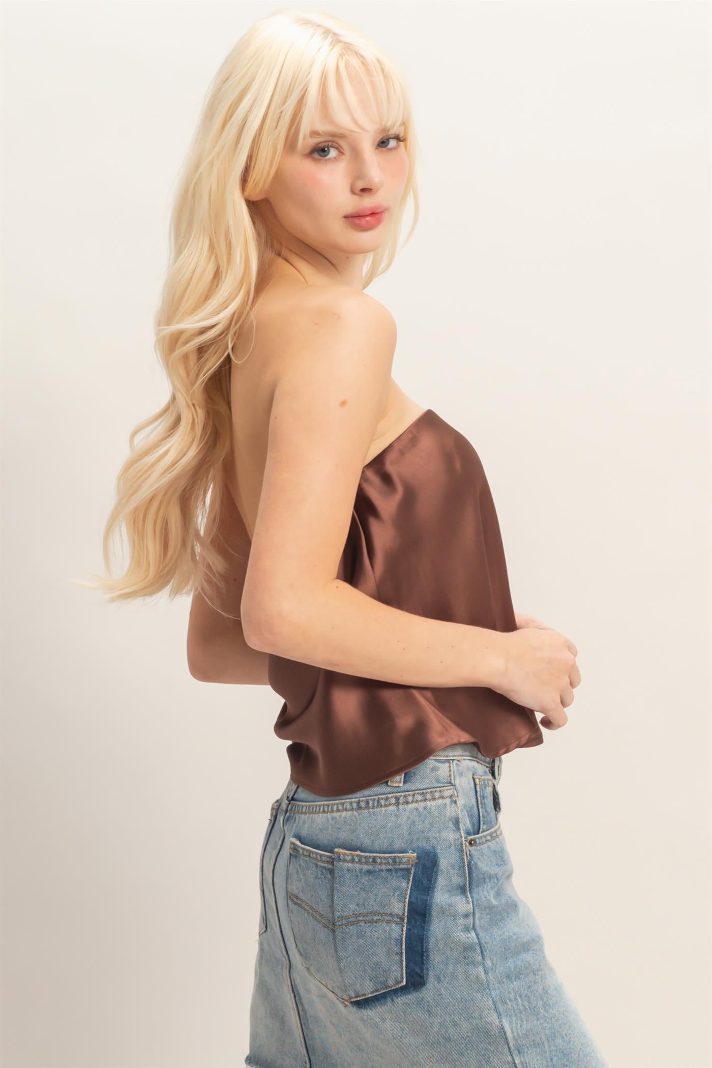 Wholesale Satin Strapless Tube Top Clothing Tops DZ26C398 CHOCOLATE DOUBLE ZERO