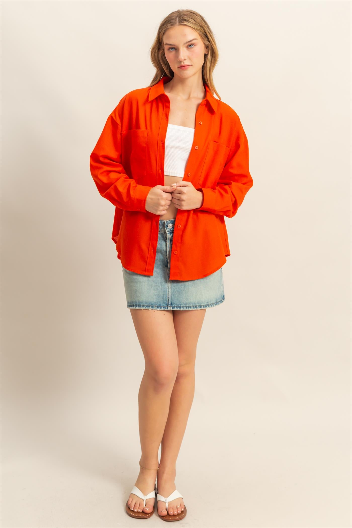 Wholesale Sand Washed Relaxed Long Sleeve Shirt Clothing Tops DZ24C609 TOMATO DOUBLE ZERO