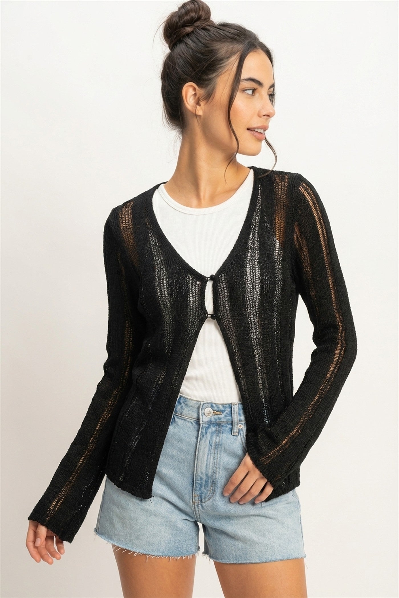 Wholesale Open Knit Cardigan Clothing Tops DZ24A501 BLACK DOUBLE ZERO