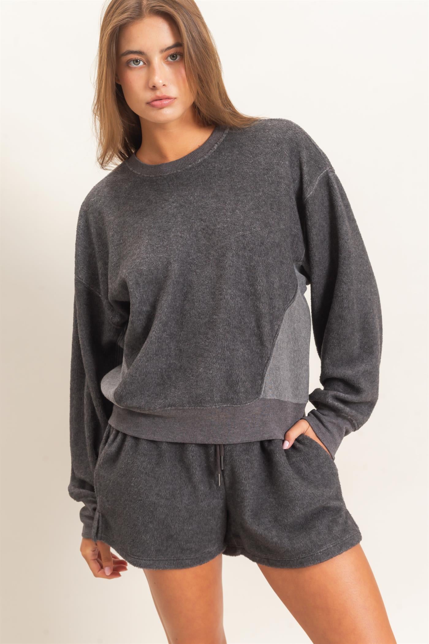 Wholesale Contrast Sweatshirt & Shorts Set Clothing DZ25F478-SET CHARCOAL DOUBLE ZERO