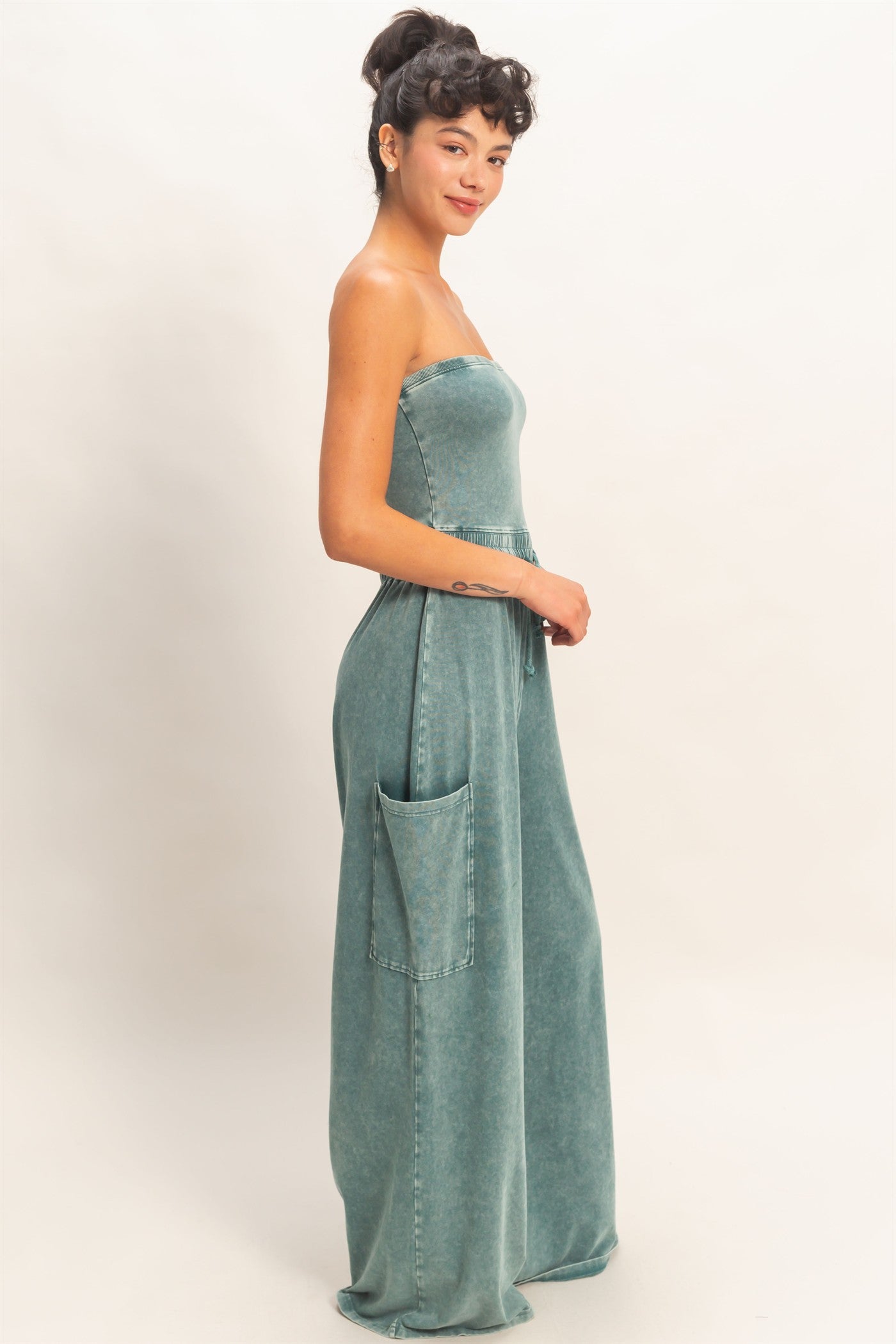 Wholesale Mineral Wash Strapless Wide-Leg Jumpsuit Clothing DZ26C376 DARK TEAL DOUBLE ZERO
