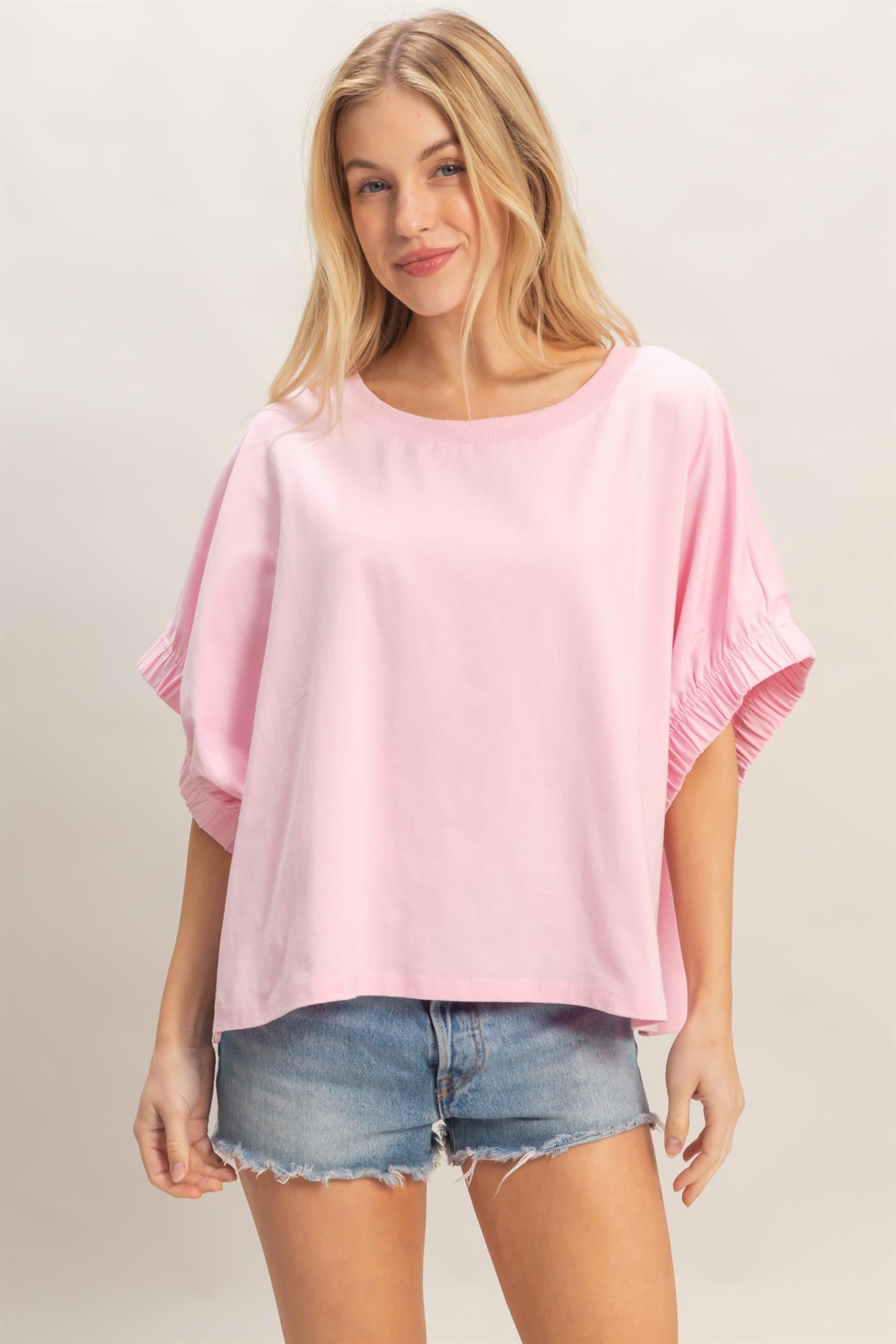 Wholesale Oversized Elastic Cuff Top T-Shirts HF26C082 LIGHT PINK HYFVE