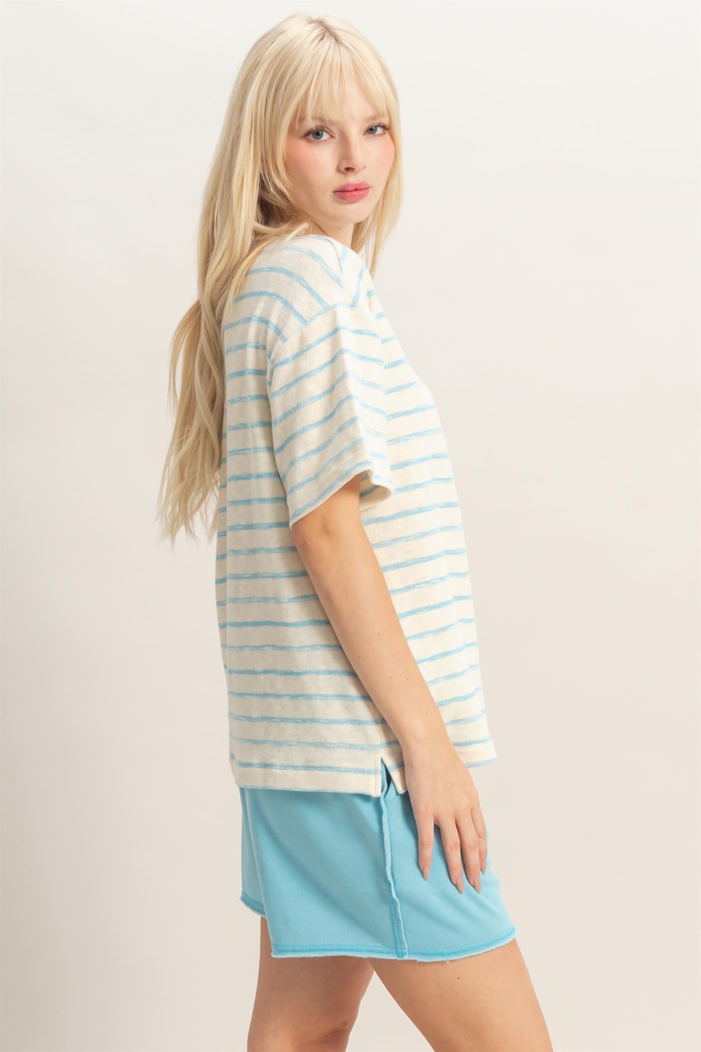 Wholesale Striped Short Sleeve Henley Top Clothing Tops DZ26A653 BLUE DOUBLE ZERO
