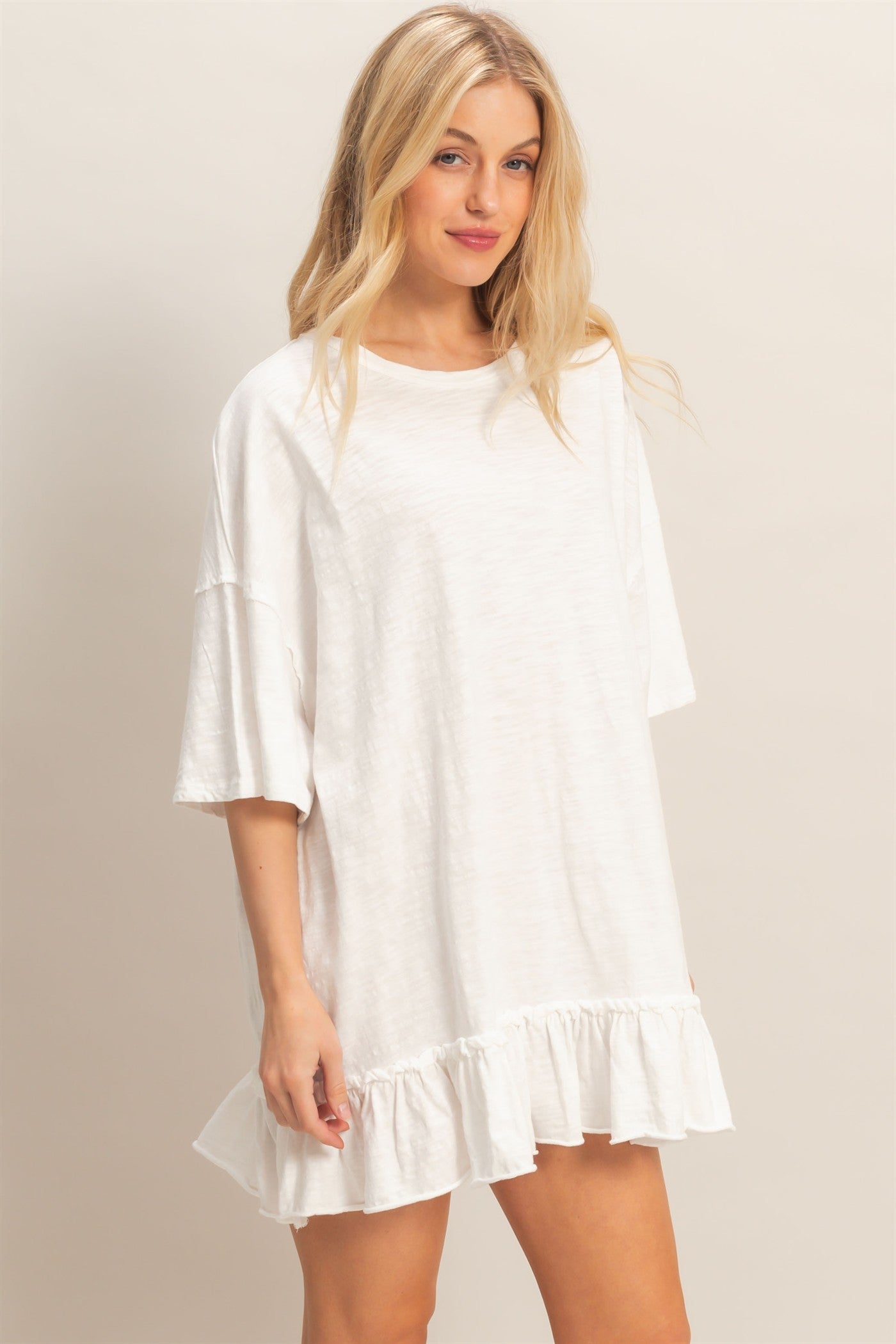 Wholesale Ruffled Hem Oversized Tunic Dresses HF26A785 CREAM HYFVE